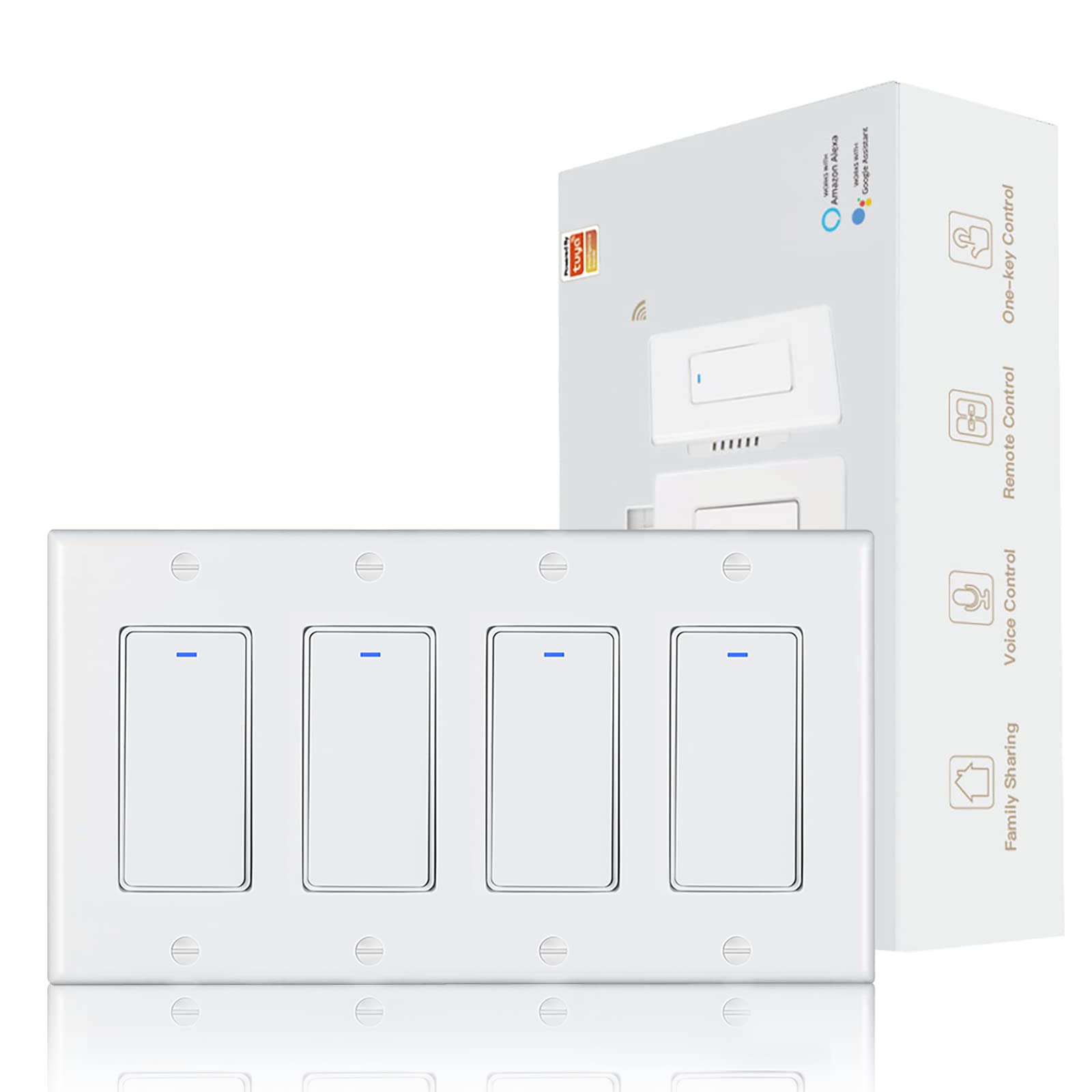MOES WiFi Smart Light Switch 4 Pack - Single Pole/Multi-Control, Neutral Wire Required, 2.4GHz Wi-Fi, Works with Alexa & Google Home via Smart Life/Tuya App (No Hub Needed) - Perfect for Home Automation & Smart Lighting Control in Living Rooms, Bedrooms & Kitchens