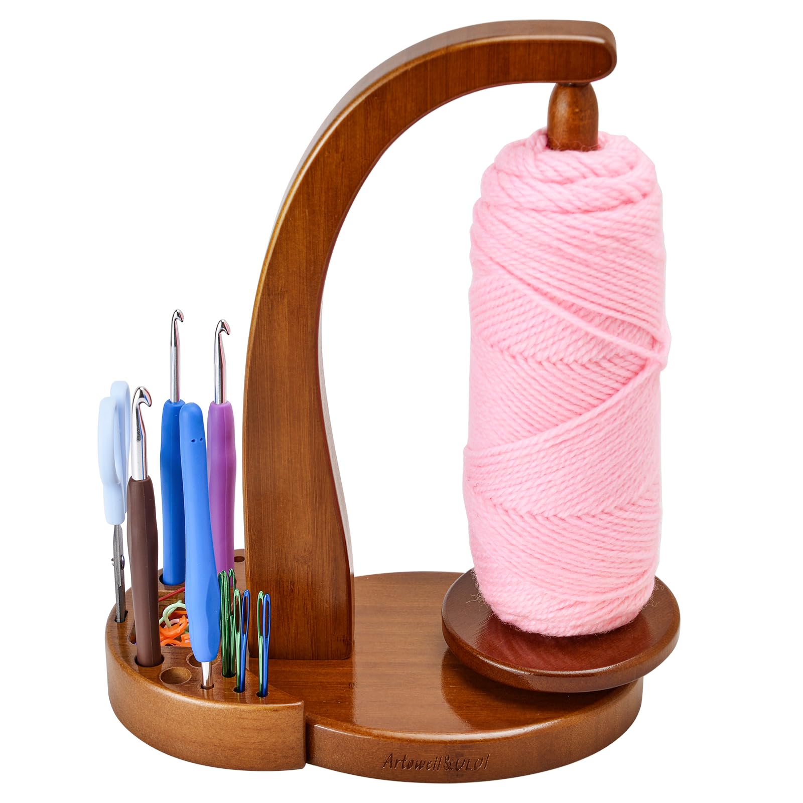 ULOI Magnetic Wooden Yarn Holder with Storage Attachment - Premium Crochet & Knitting Accessories Organizer for Craft Projects - Walnut Finish - Perfect for Yarn Storage, Needlework, and DIY Handmade Crafts at Home