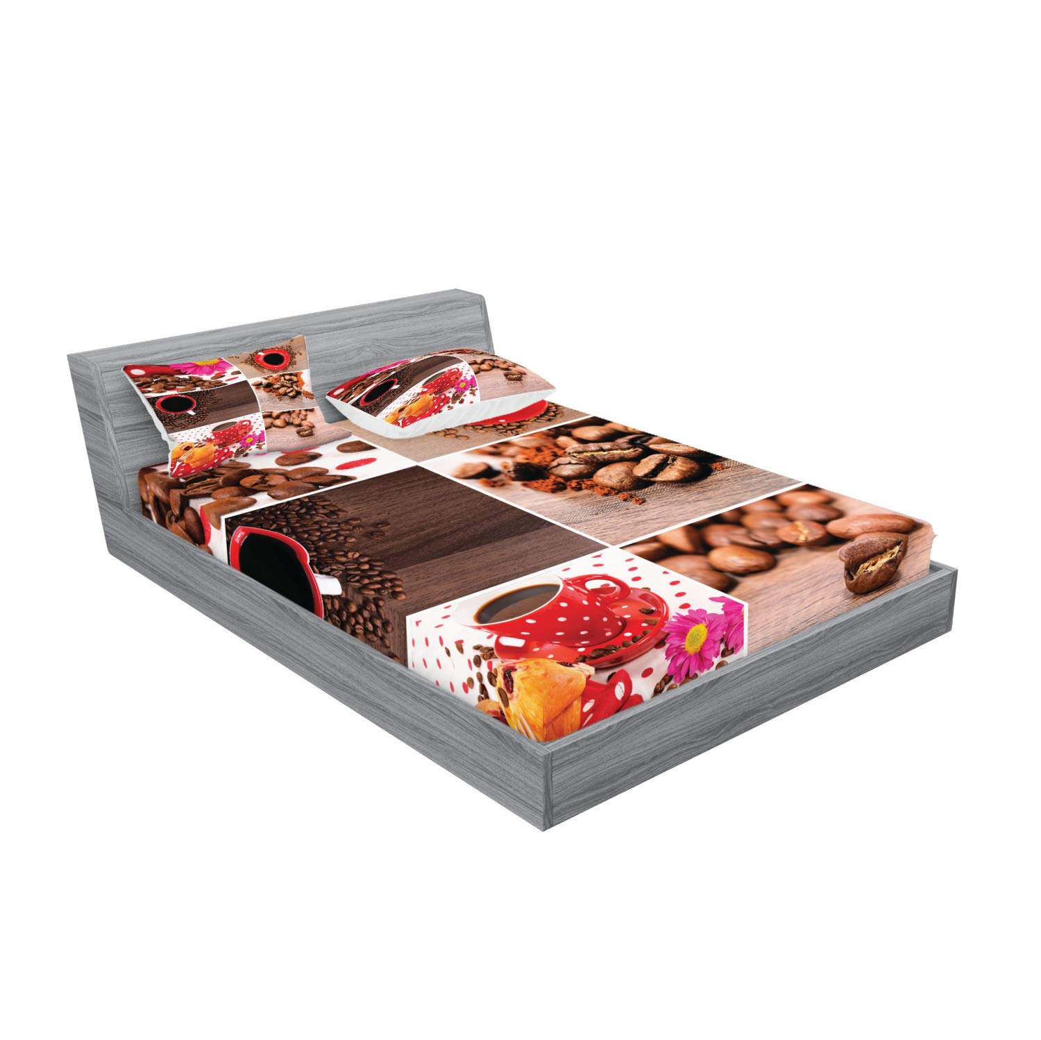 Ambesonne Coffee Themed 3-Piece Bedding Set - King Size Fitted Sheet & Pillow Shams with Mugs, Polka Dots, Flowers, Beans & Muffins Print in Brown/Red | Perfect for Coffee Lovers' Bedroom Decor, Gift for Baristas & Cozy Home Styling