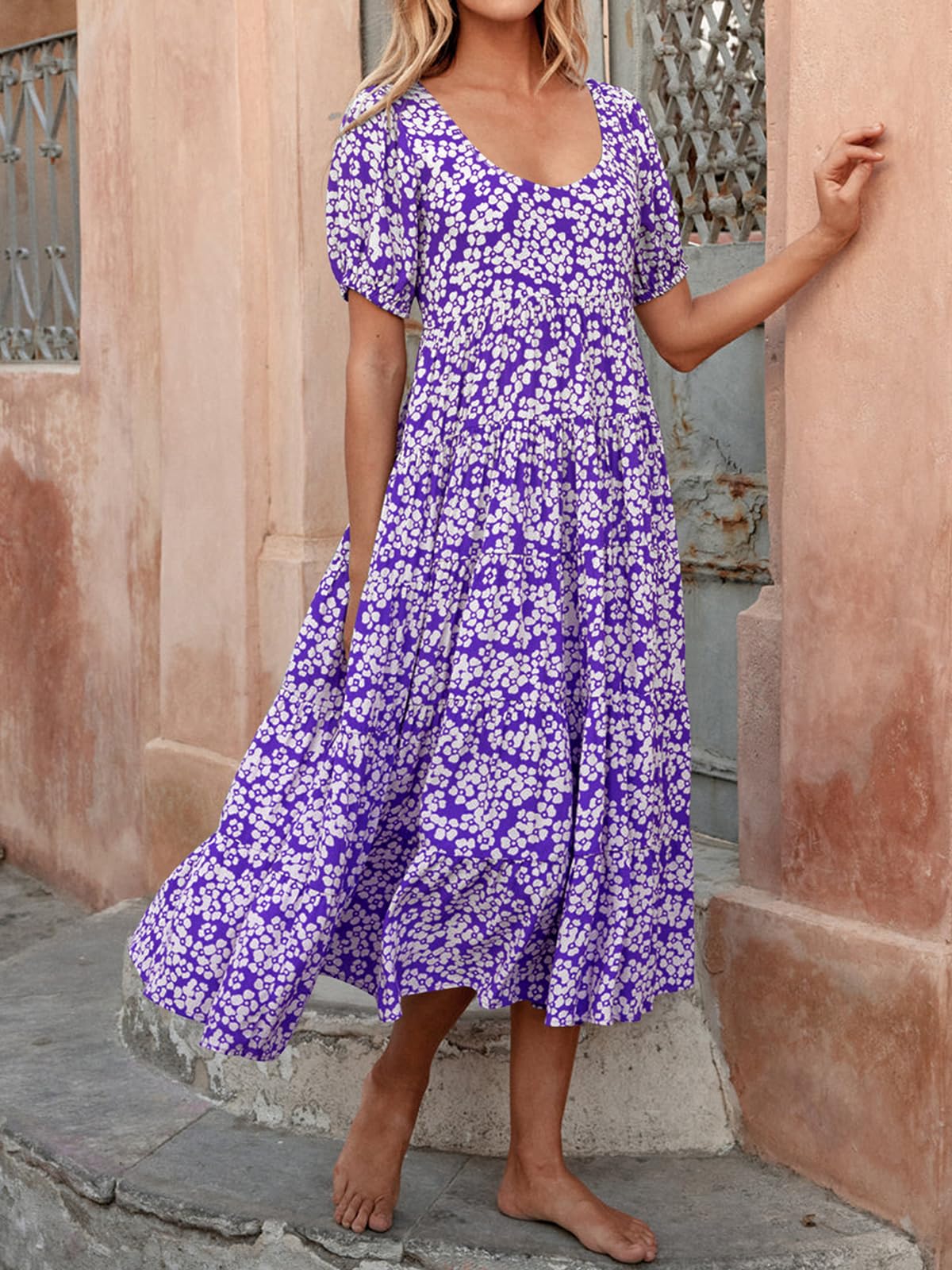 PRETTYGARDEN Women's Floral Summer Maxi Dress 2025 - Puff Sleeve, Smocked Backless, Flowy Tiered Design for Beach, Vacation & Casual Wear | Boho Chic Dress for Outdoor Parties, Date Nights & Summer Getaways