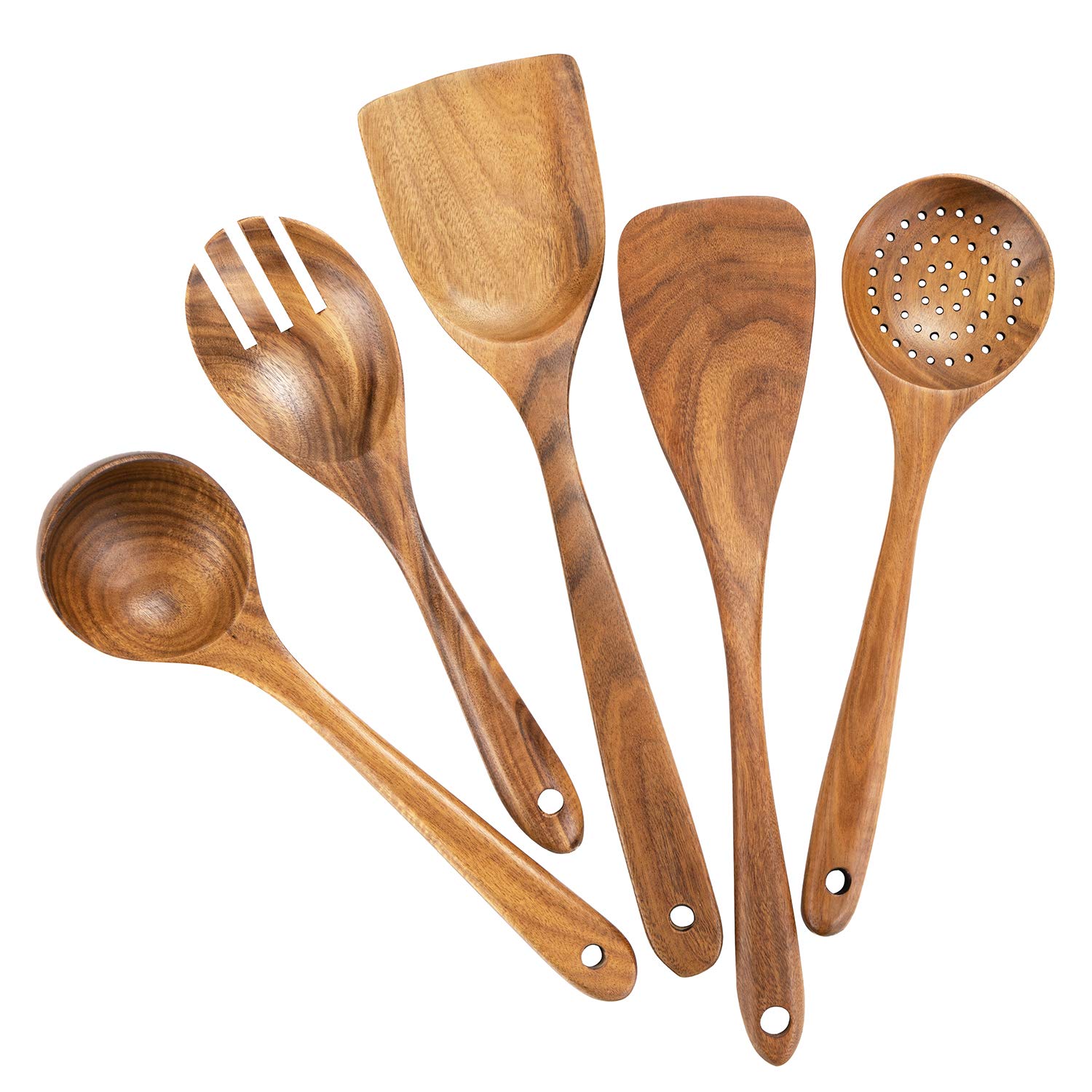 Premium Teak Wooden Utensils Set - 5-Piece Nonstick Kitchen Cooking Tools with Spatula, Spoon & More | Ideal for Sauteing, Stir-Frying & Serving | Eco-Friendly Wooden Utensil Set for Non-Stick Cookware