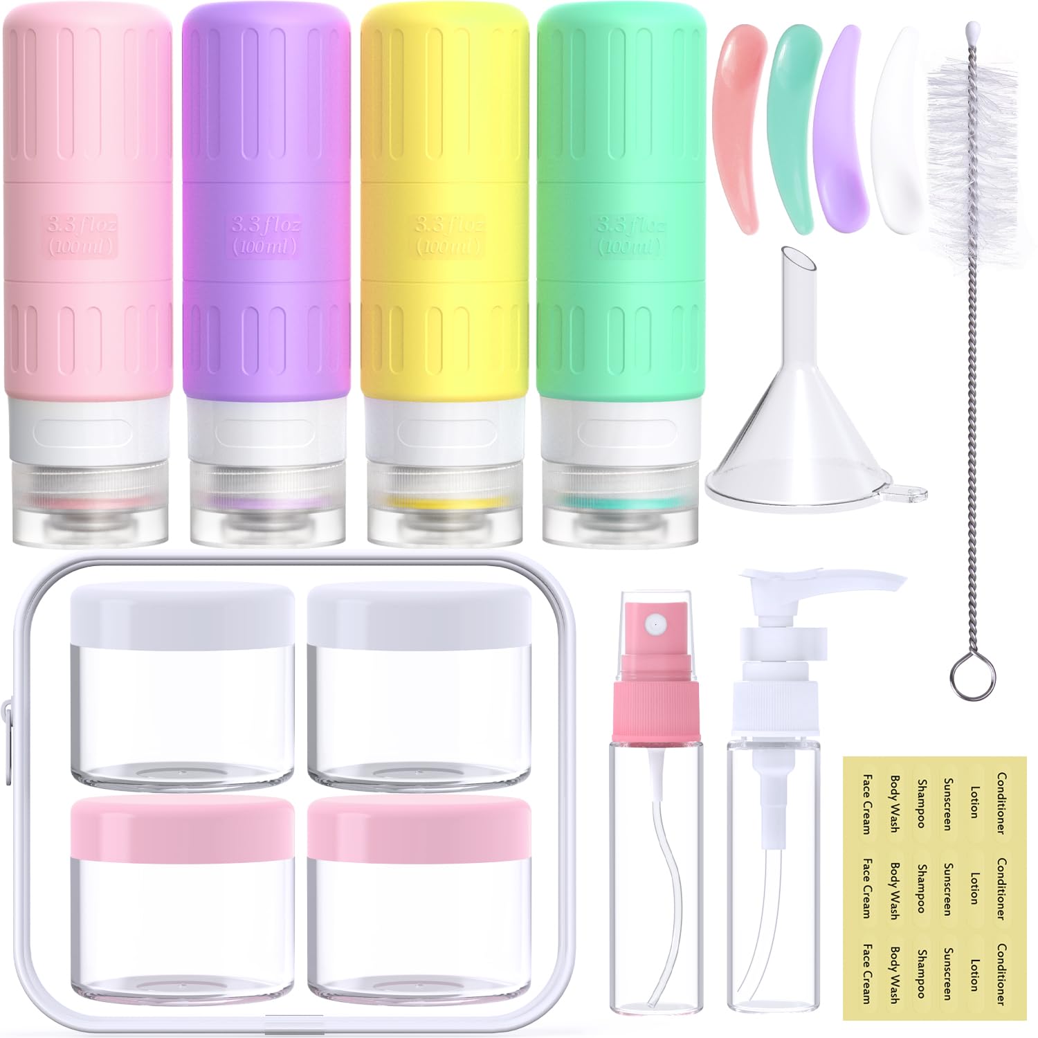 GLAMFIELDS 18-Pack TSA Approved Leakproof Silicone Travel Bottles (3.3oz) - Squeezable Toiletry Containers for Shampoo, Conditioner & Lotion | Portable Cosmetic Storage for Vacation, Gym & Airplane Carry-On Essentials
