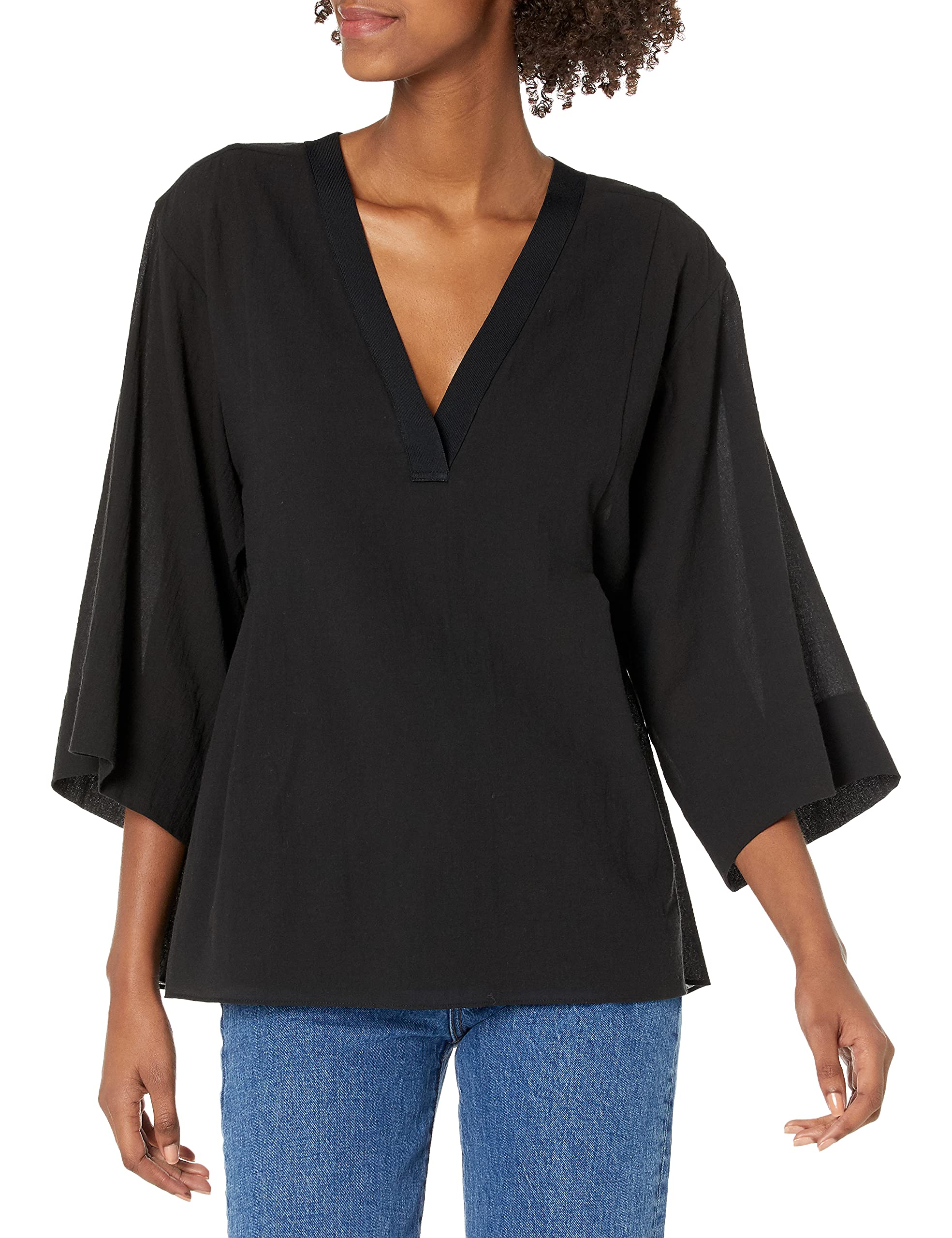 Vince Women's Rib Trim Double V-Neck Long Sleeve Popover Blouse - Elegant Office Wear & Casual Chic Outfit for Work and Weekend