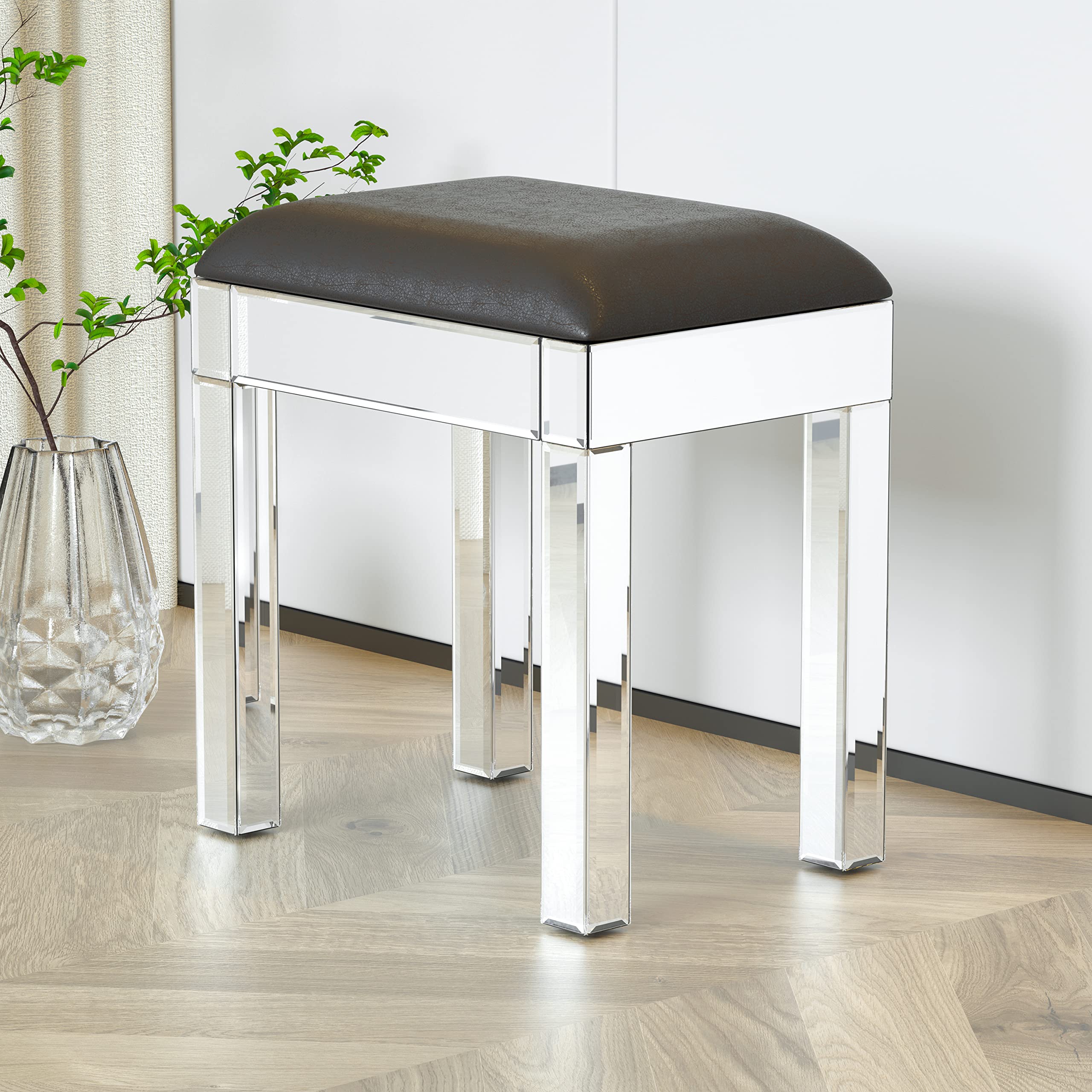 Yoglad Mirrored Night Stand with 3 Drawers - Silver Crystal Diamond Bedside Table for Bedroom, Storage Cabinet with Vanity Stool - Perfect for Small Spaces, Guest Rooms & Modern Bedroom Decor