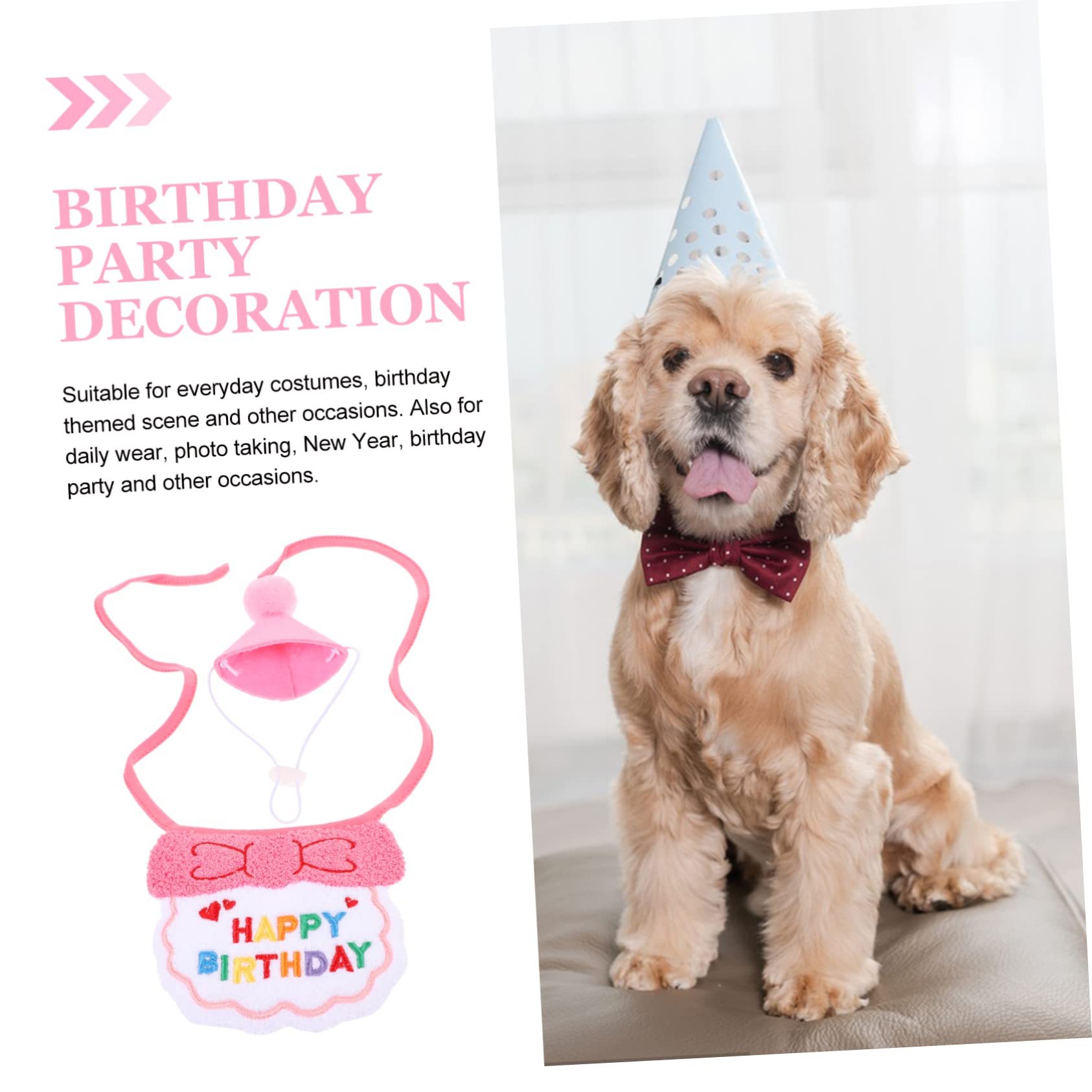 BESPORTBLE 2 Sets Pet Birthday Party Hats & Triangle Bibs - Dog & Kitten Neck Scarf Suit with Yarn Accessories for Birthday Celebrations & Photo Shoots