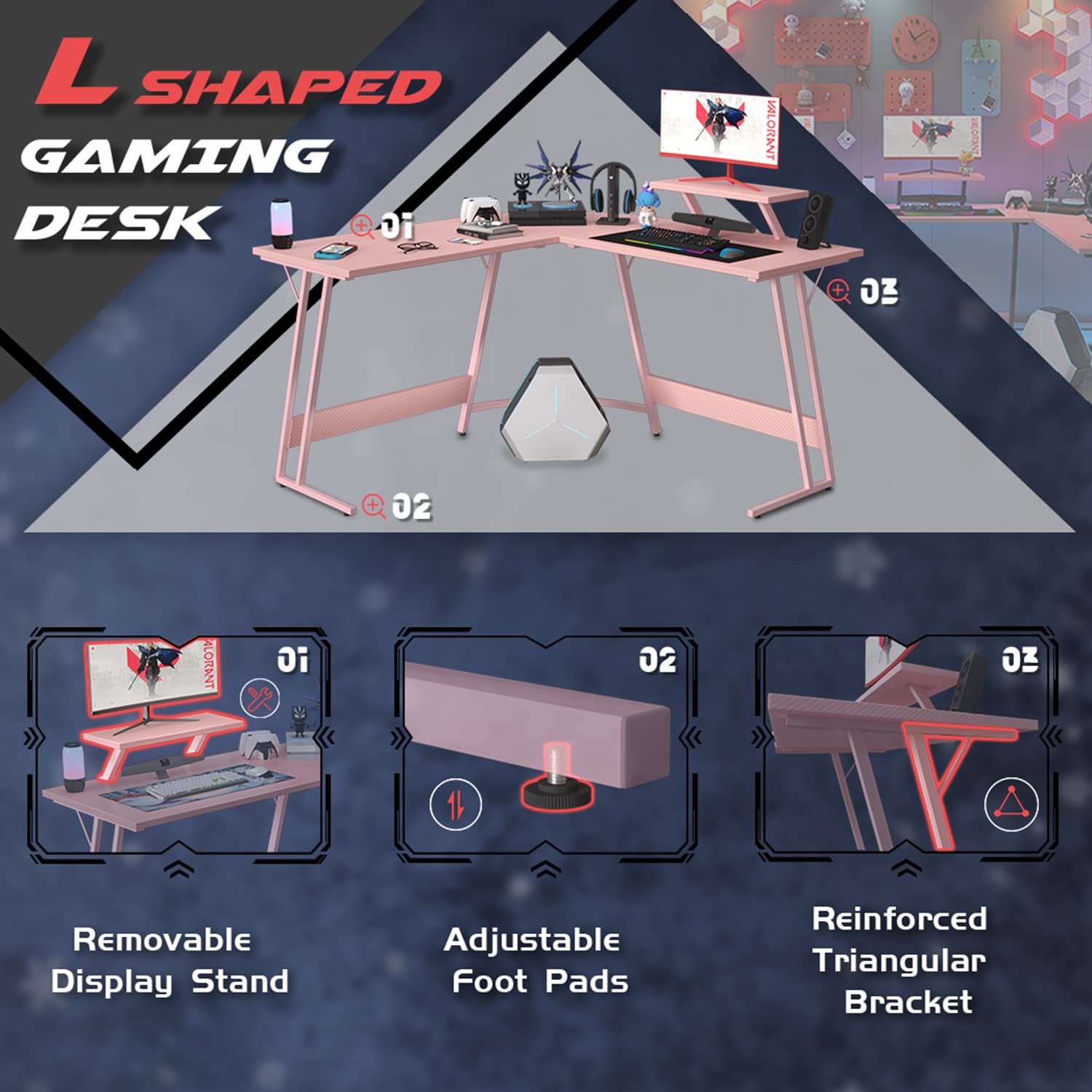 Homall Pink L-Shaped Gaming Desk 51 Inch - Corner Computer Desk with Large Monitor Stand for Home Office, Study, Writing & Gaming Workstation - Ergonomic Design, Durable Construction - Perfect Gift for Girls & Women (Pink) - Ideal for Small Spaces & Multi-Tasking