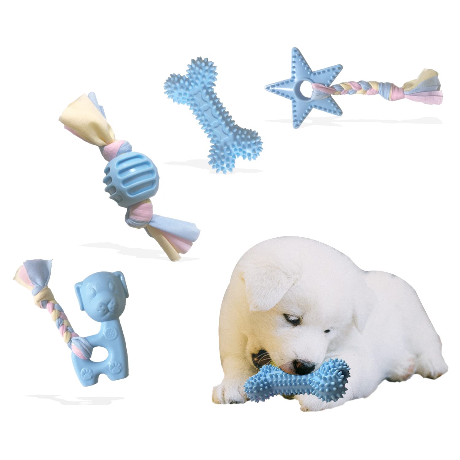 **Durable Puppy Teething Toys for Small & Medium Dogs – Natural Rubber & Cotton Chew Toys to Soothe Pain & Anxiety – 4-Pack (Blue) – Perfect for Puppy Training & Playtime**