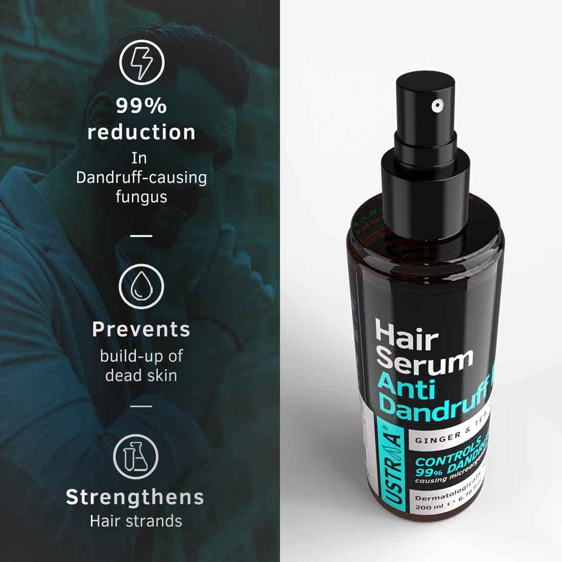 Ustraa Anti-Dandruff Hair Serum with Tea Tree & Ginger - 200ml | pH Balanced Scalp Treatment | Sulfate & Paraben Free | Fights Dandruff & Soothes Itchy Scalp | Perfect for Daily Hair Care & Scalp Health Maintenance