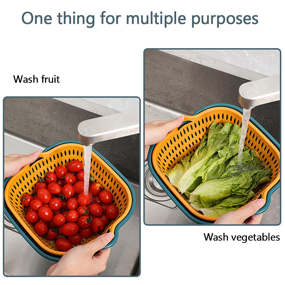 Stackable Multi-Layer Vegetable & Fruit Washing Basket Set - Kitchen Colander Strainer for Washing Produce (Blue & Yellow) - Perfect for Meal Prep, Salad Making & Organizing Fresh Fruits/Veggies