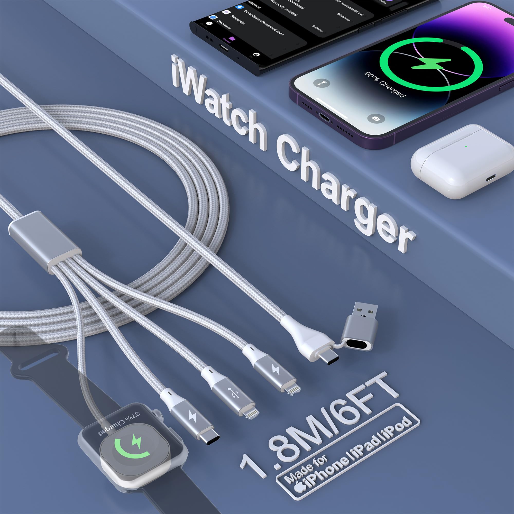 Upgraded 4-in-1 USB C Magnetic Fast Charging Cable for Apple Watch Ultra/SE2/9/8/7/6/5/4/3/2/1/SE, iPhone 15/14/13 & Galaxy - MFi Certified, 6FT Portable Charger with Data Sync - Perfect for Travel, Office & Home Use