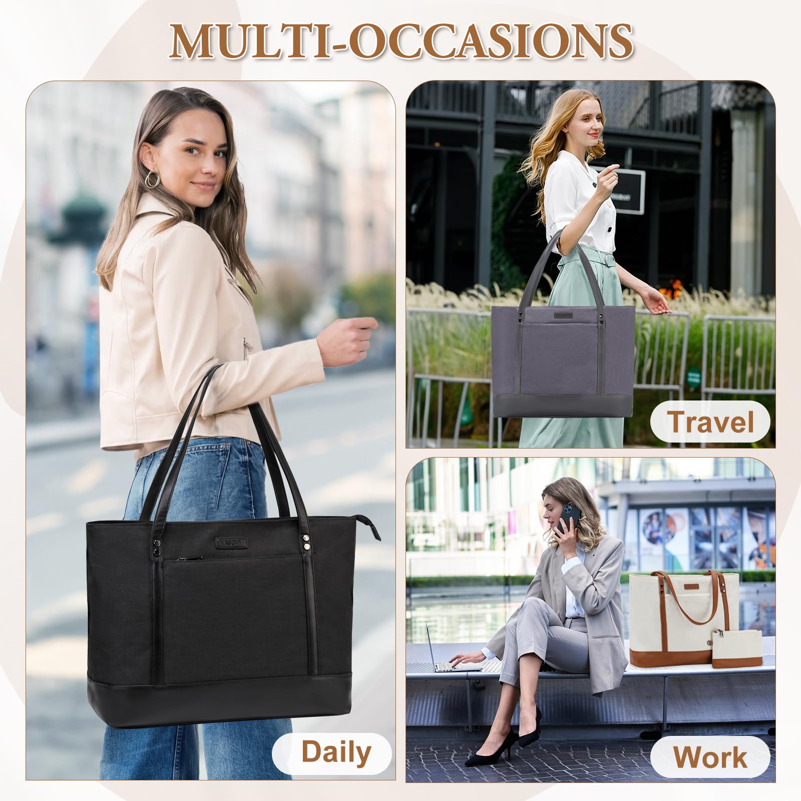VASCHY Women's Water Resistant Laptop Tote Bag - 15.6 Inch Large Work Bag with Multiple Pockets for Office, School & Travel - Stylish Teacher Handbag & Shoulder Bag (Black) | Perfect for Business Professionals, College Students & Commuters