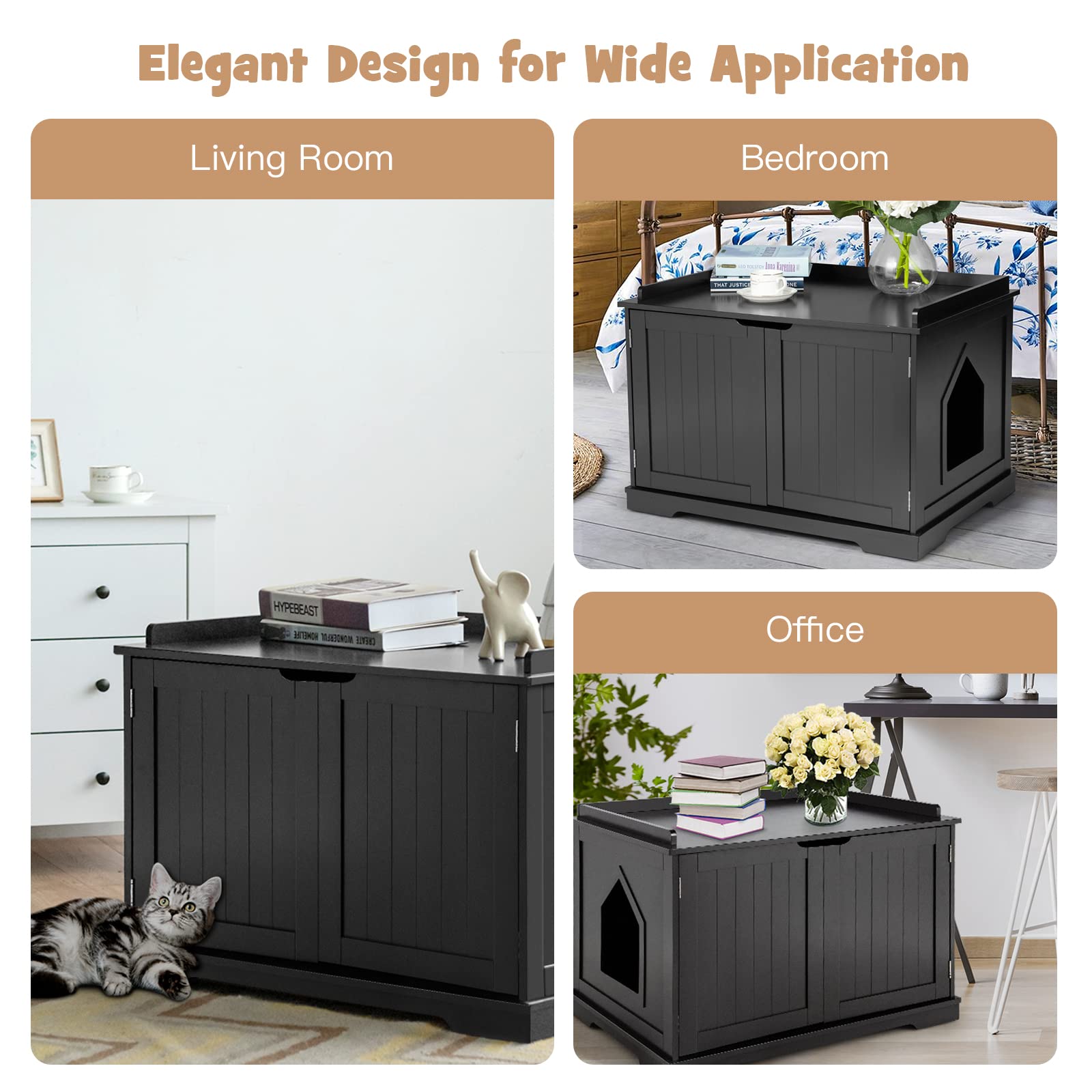 PETSITE Wooden Cat Litter Box Enclosure - Hidden Litter Box Bench with Double Doors, Removable Divider & Storage Shelf | Stylish Cat Litter Box Furniture for Home, Living Room or Bedroom (Black)