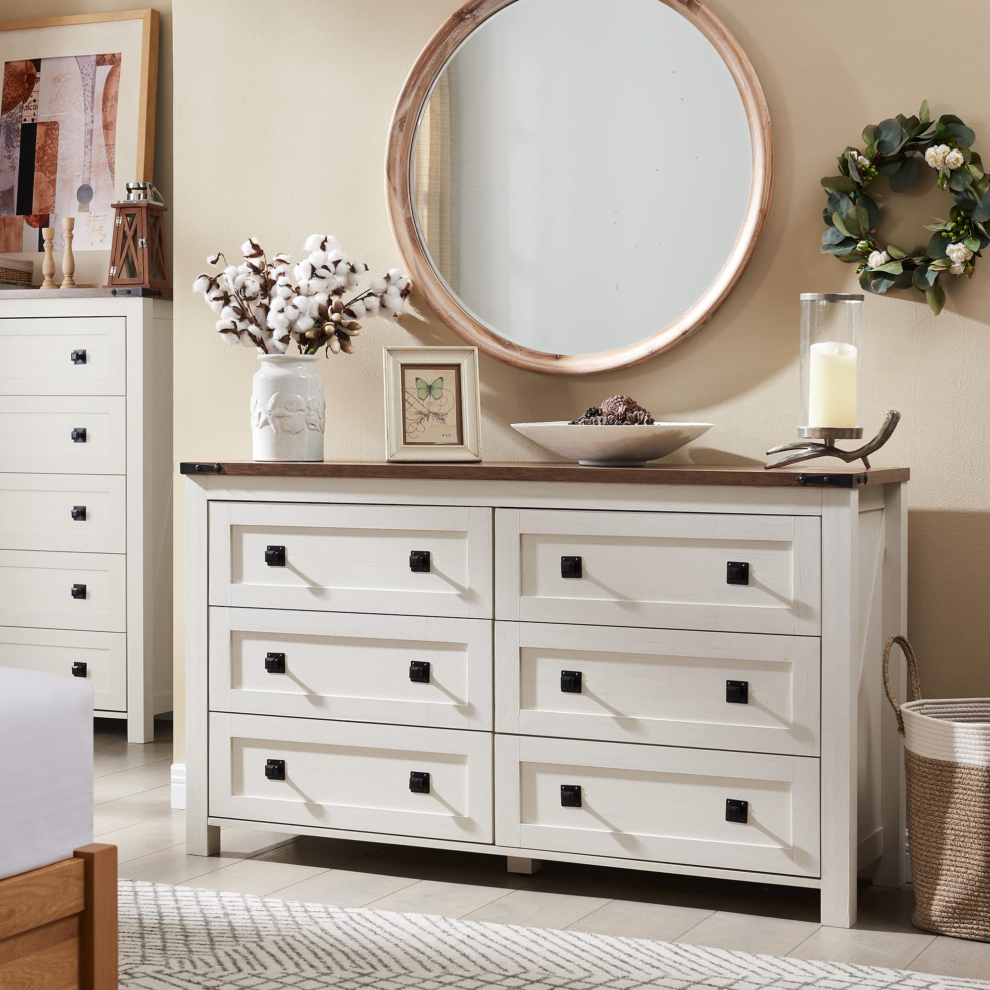 Rustic Wood Dresser - 6 Drawer Farmhouse Chest for Bedroom & Living Room Storage
