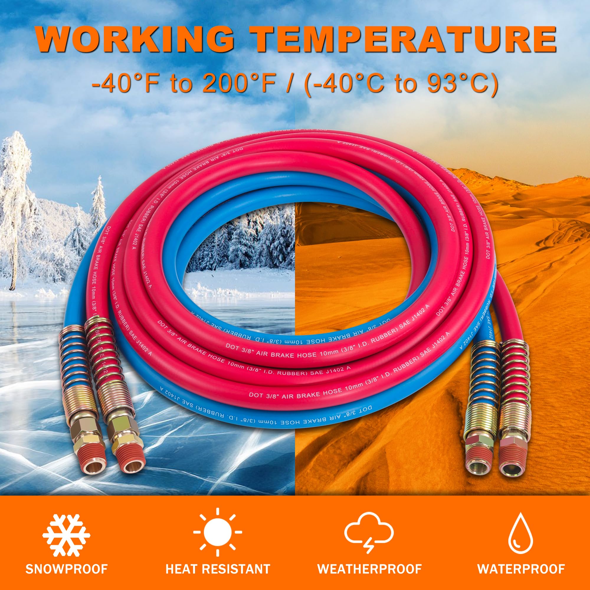 15FT Air Brake Line Hose Kit for Semi Trucks & Trailers - Durable Aluminum Extension Handles & Emergency Glad Hands - Color-Coded Rubber Air Brake Hose Assembly - Perfect for Tractor, Trailer & Heavy-Duty Vehicle Maintenance