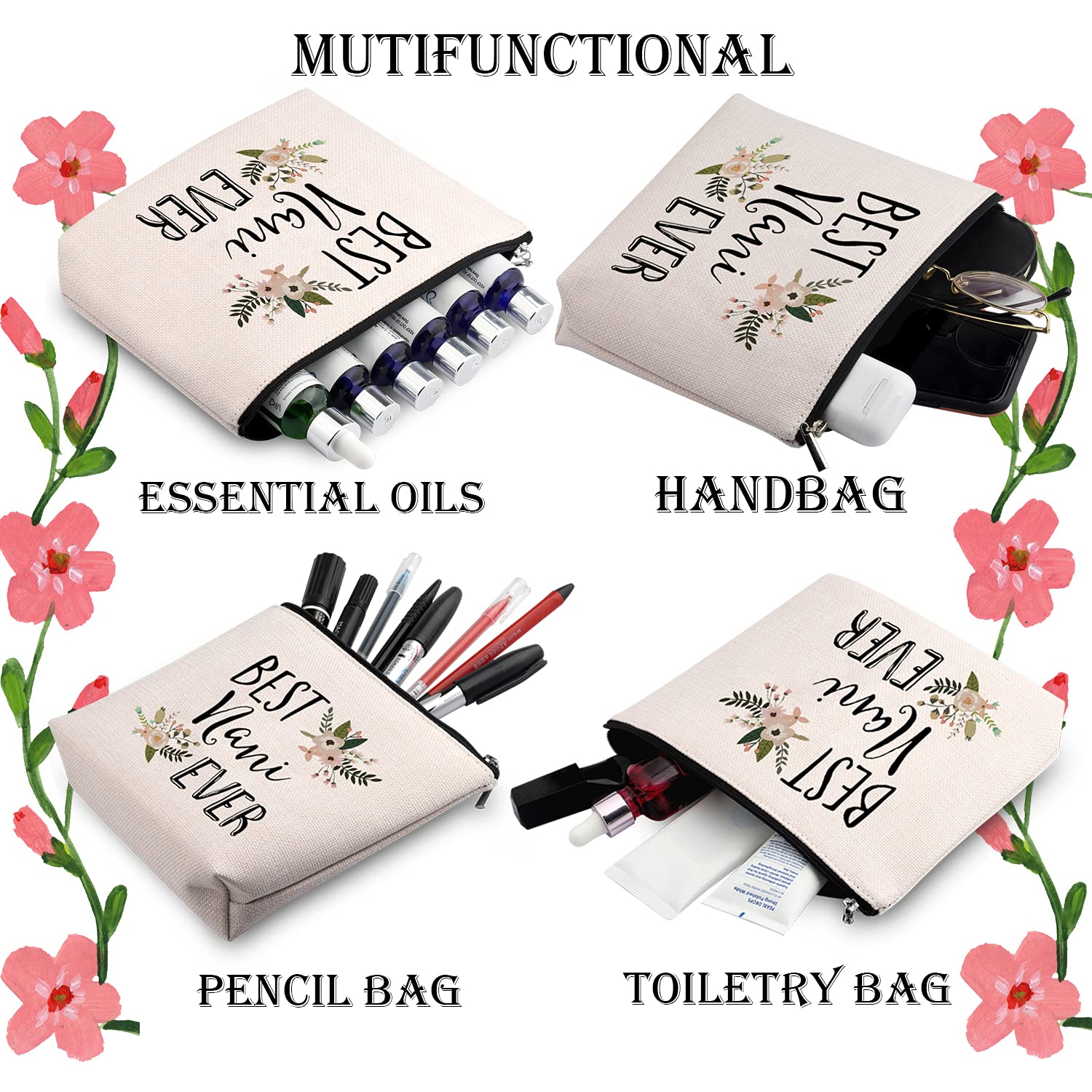 WCGXKO Best Nani Ever Grandma Gift - Waterproof Zipper Makeup Bag for Travel & Toiletry - Perfect Cosmetic Organizer for Women (BEST Nani) - Ideal for Vacation, Gym, and Daily Use