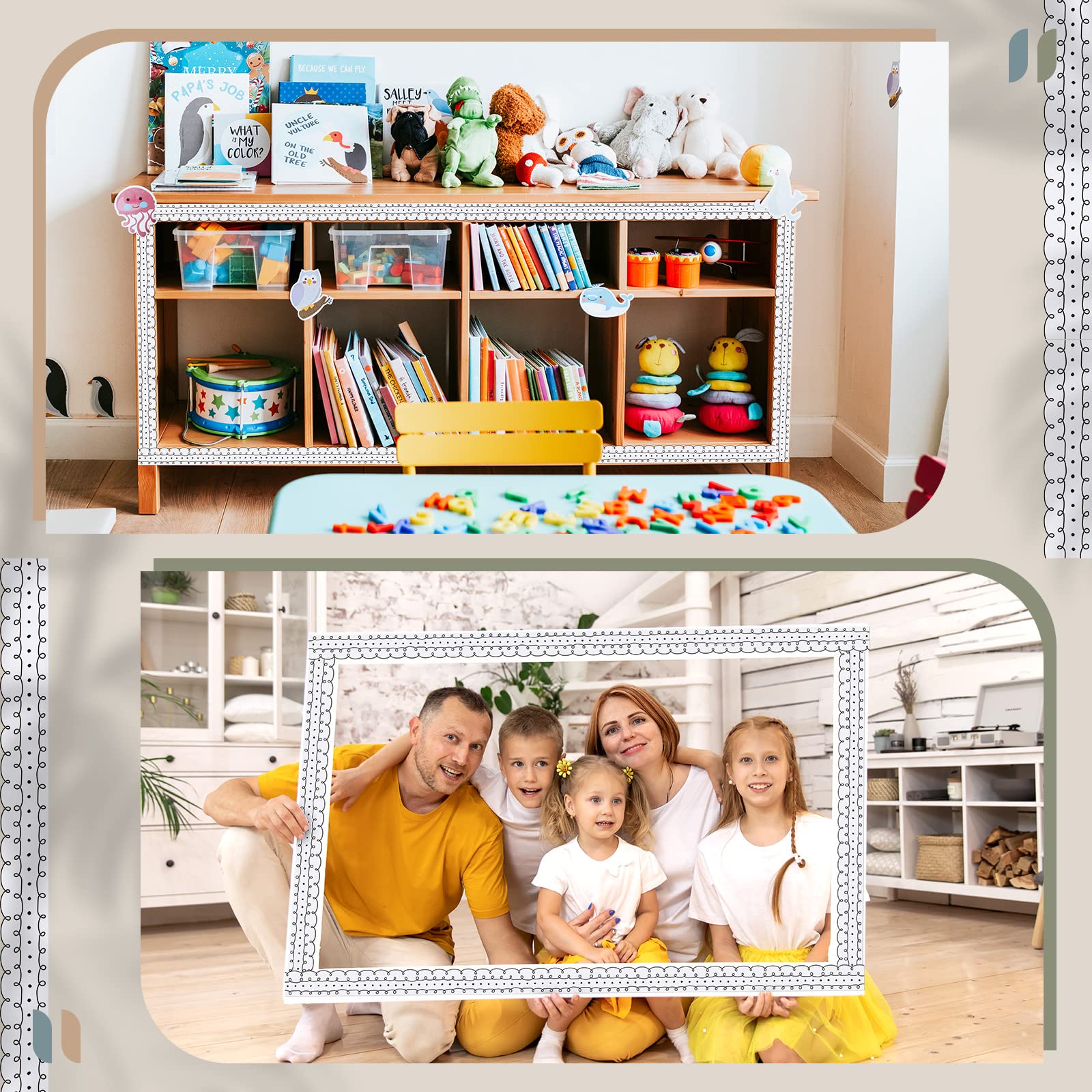 Leinuosen 44 Pcs Squiggles and Dots Die Cut Border Trim - 50.5 ft White with Black Bulletin Board Borders for Classroom Decor, Includes 20 Sheet Glue Point Dots - Perfect for School, Office, and Home Bulletin Boards