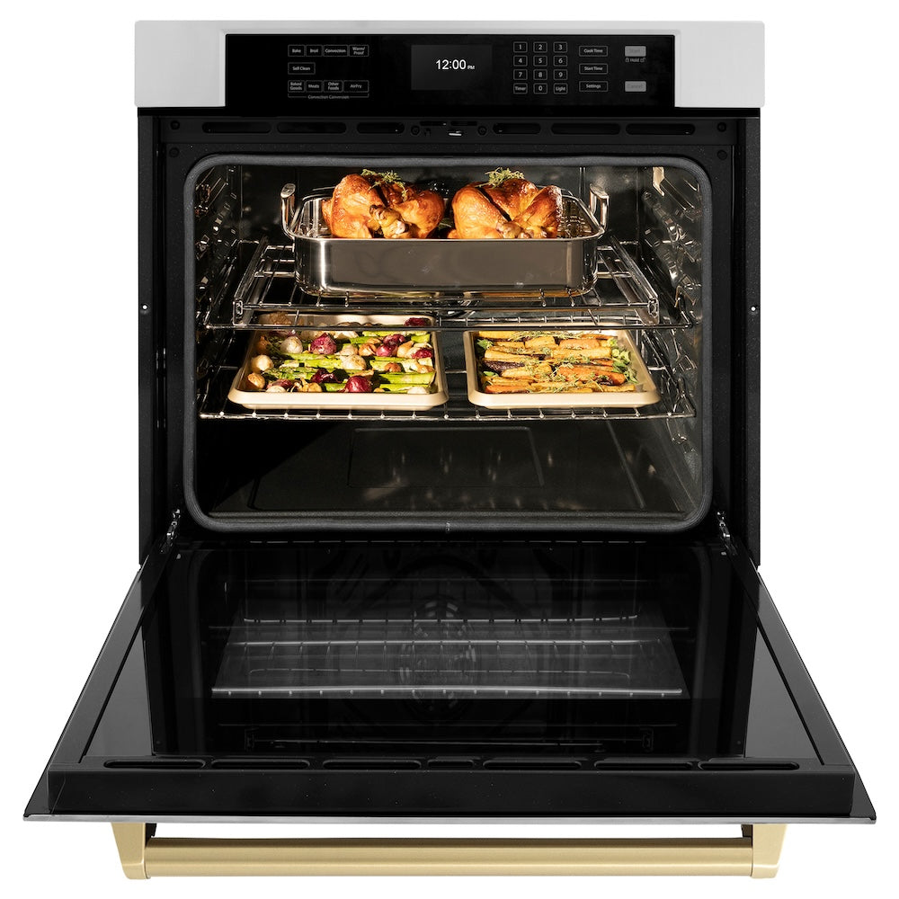ZLINE Autograph Edition 30 Inch Stainless Steel Professional True Convection Wall Oven with Air Fry & Self-Clean - Champagne Bronze Handle (WASZ 30 CB) | Perfect for Home Chefs & Modern Kitchens