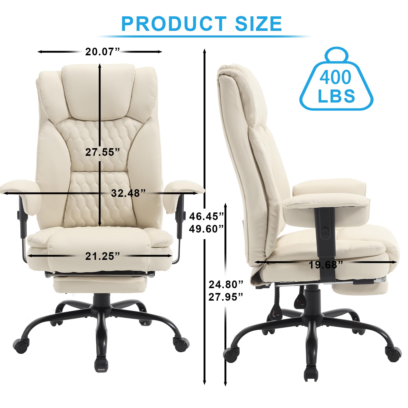 Heavy Duty Big and Tall Office Chair 400LBS Capacity - Extra Wide Seat High Back Ergonomic Executive Reclining Chair with Adjustable Footrest, PU Leather Gaming Desk Swivel Chair with Wheels, Lumbar Support & Armrests - Perfect for Home Office, Gaming Setup and Conference Rooms (Beige)