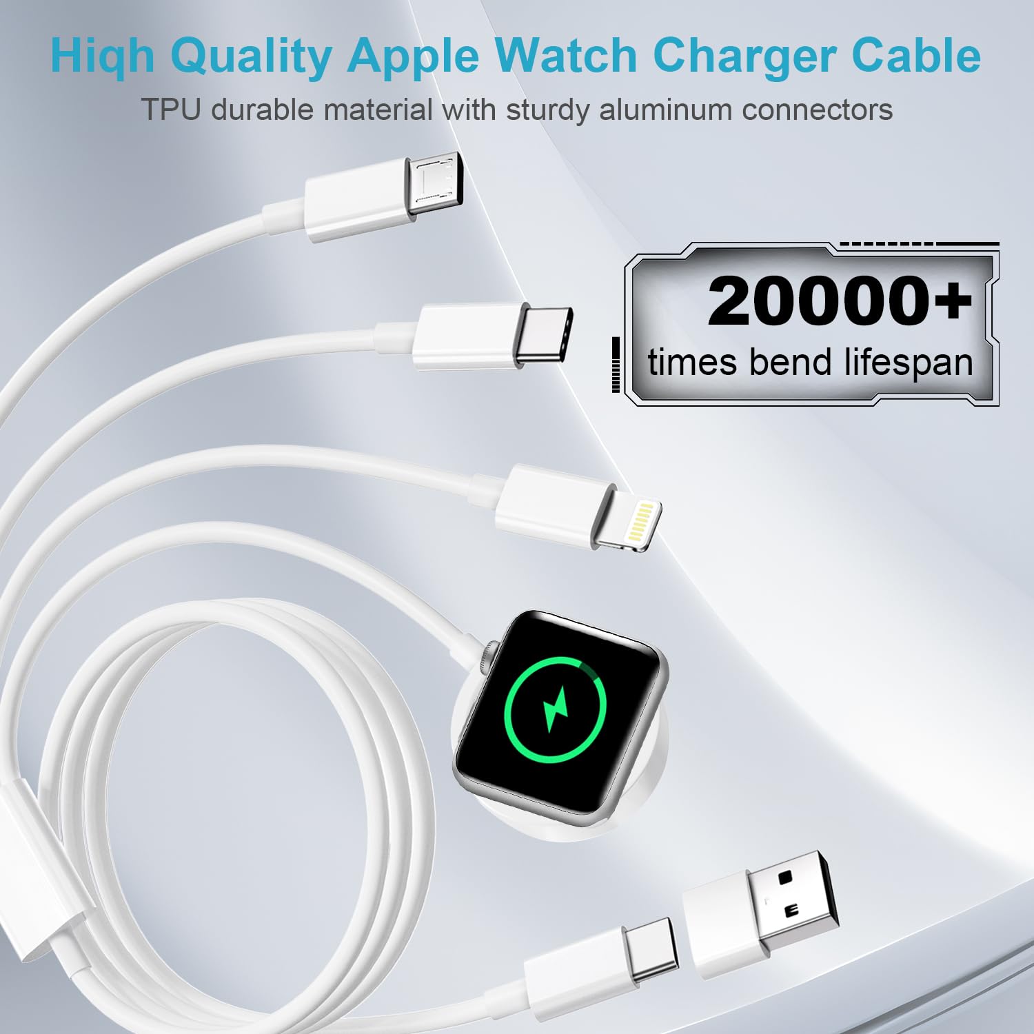 4-in-1 Multi Charging Cable for Apple Watch - Fast Wireless Charger with USB-C/Lightning/Micro USB - Compatible with Apple Watch Ultra/SE/9/8/7/6 & iPhone 15/14 - Perfect for Travel, Office, and Home Charging