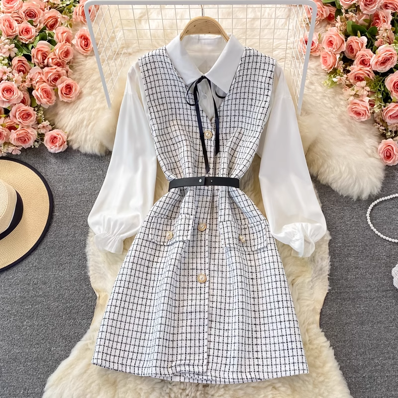 Elegant Autumn V-Neck Long Sleeve Vest & Shirt Two-Piece Set 1378 | Women's Fashion Outfit for Work, Dating & Fall Season
