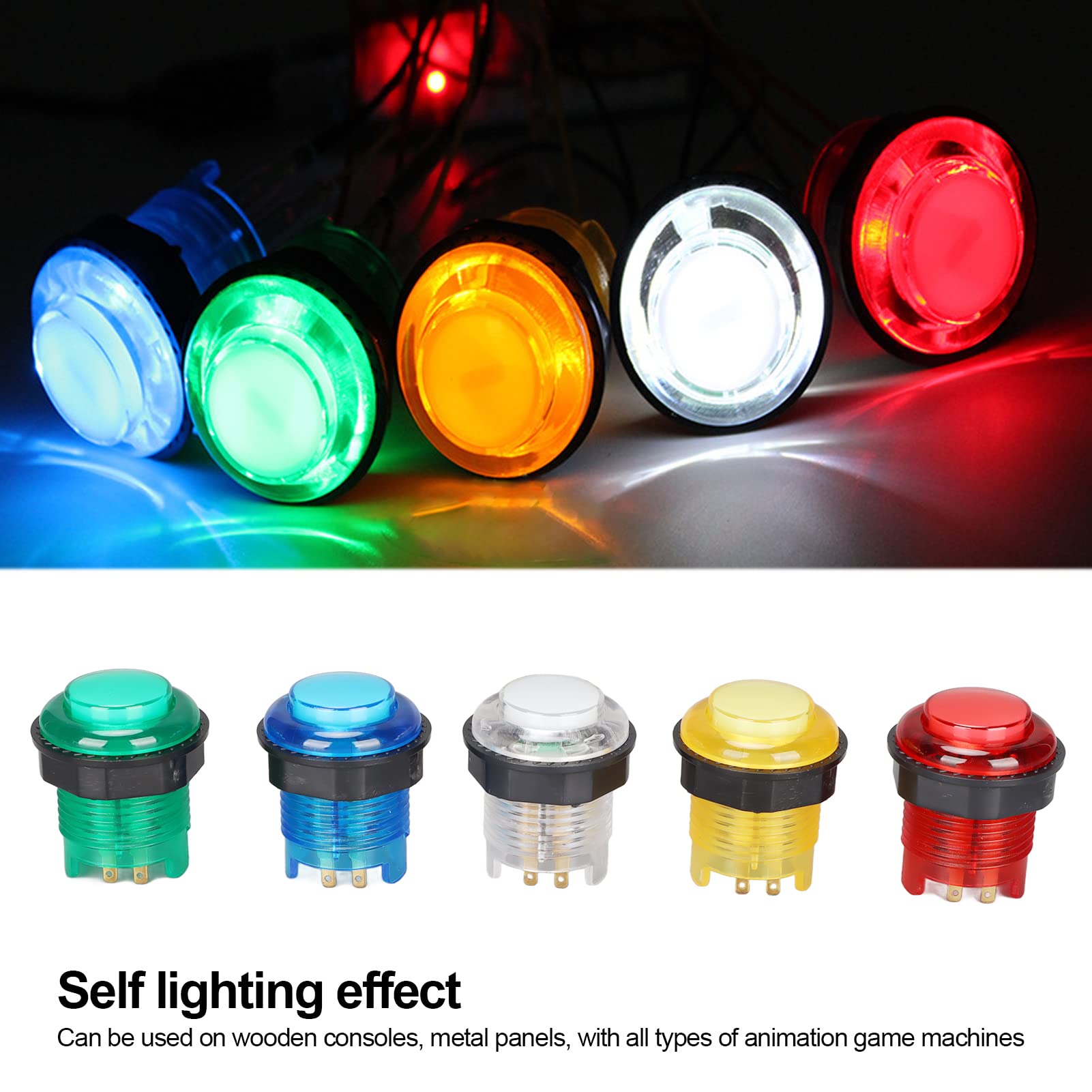 5-Pack 28mm LED Illuminated Push Buttons - 5V Round Arcade Buttons for MAME, JAMMA, Fighting Games & DIY Arcade Cabinets - Perfect for Home Arcades, Gaming Consoles & Retro Game Builds