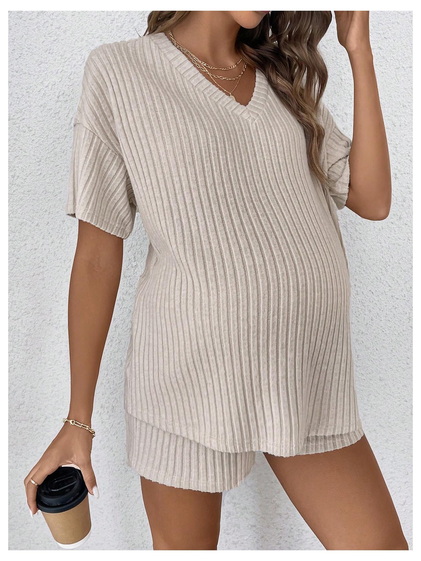 MakeMeChic Women's Maternity Pajama Set - 2 Piece Rib Knit Lounge Outfit with Short Sleeve Top & Shorts - Soft Pregnancy Sleepwear for Comfortable Nights & Relaxing at Home