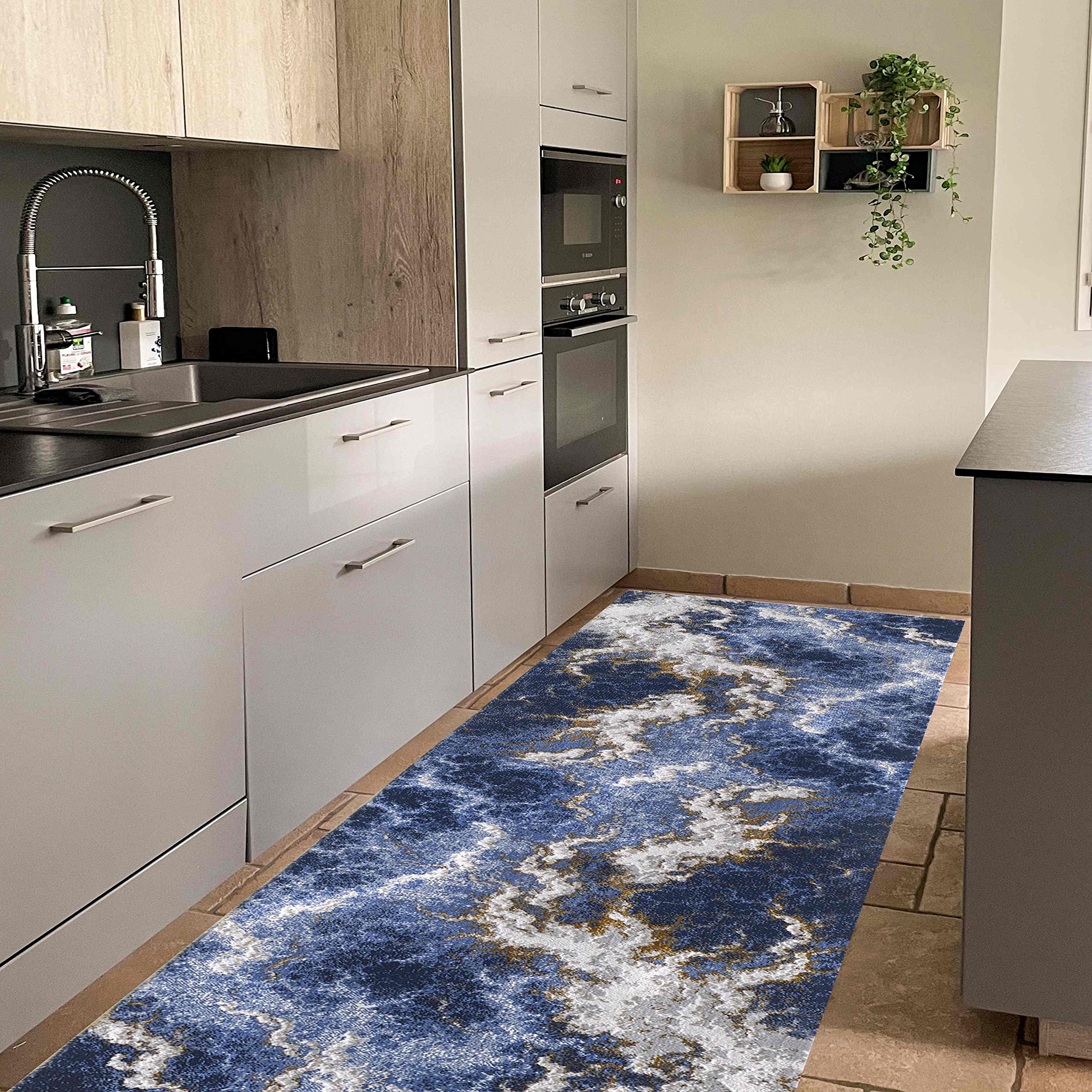 Boho Abrash Rugs - Luxury Handmade Abstract Thunder Theme Rug in Navy Blue, Gold & Multi Colors - Ultra Soft Thick Pile Non-Shedding Living Room Carpet for Home Decor | Perfect for Bohemian Style Bedroom, Lounge & Office Spaces