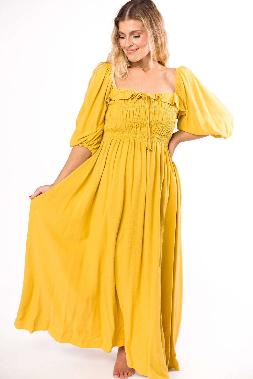 Devon Smocked Maternity Maxi Dress in Mustard Yellow - Bump Friendly Flowy Summer Dress for Pregnancy, Beach & Special Occasions