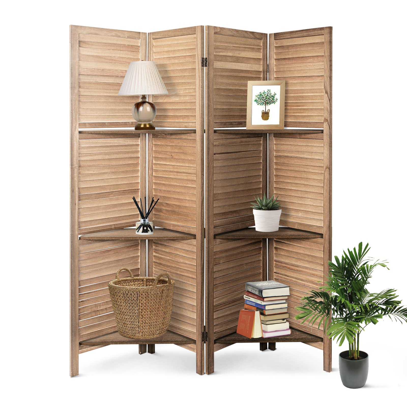 ECOMEX 4 Panel Folding Room Divider with 3 Removable Shelves - 5.6Ft Tall Privacy Screen Partition for Living Room, Bedroom & Office - Retro Brown Storage Organizer for Home Decor & Space Division