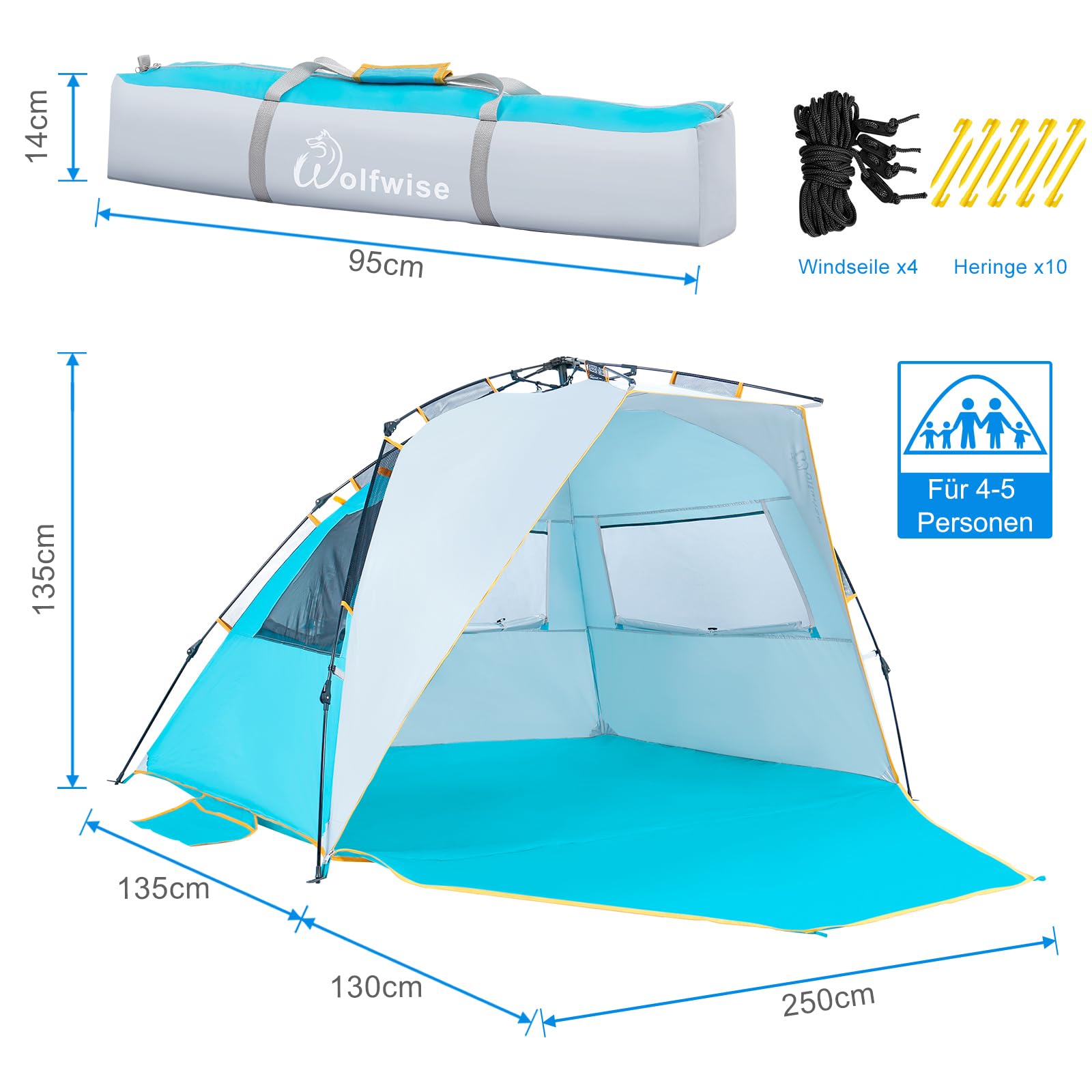 WolfWise Beach Tent with UPF 50+ Sun Protection, Quick Setup Pop Up Sun Shelter for 4-5 People, Portable Windproof Shade Tent with Expandable Floor - Perfect for Family Camping, Beach, Garden & Outdoor Activities