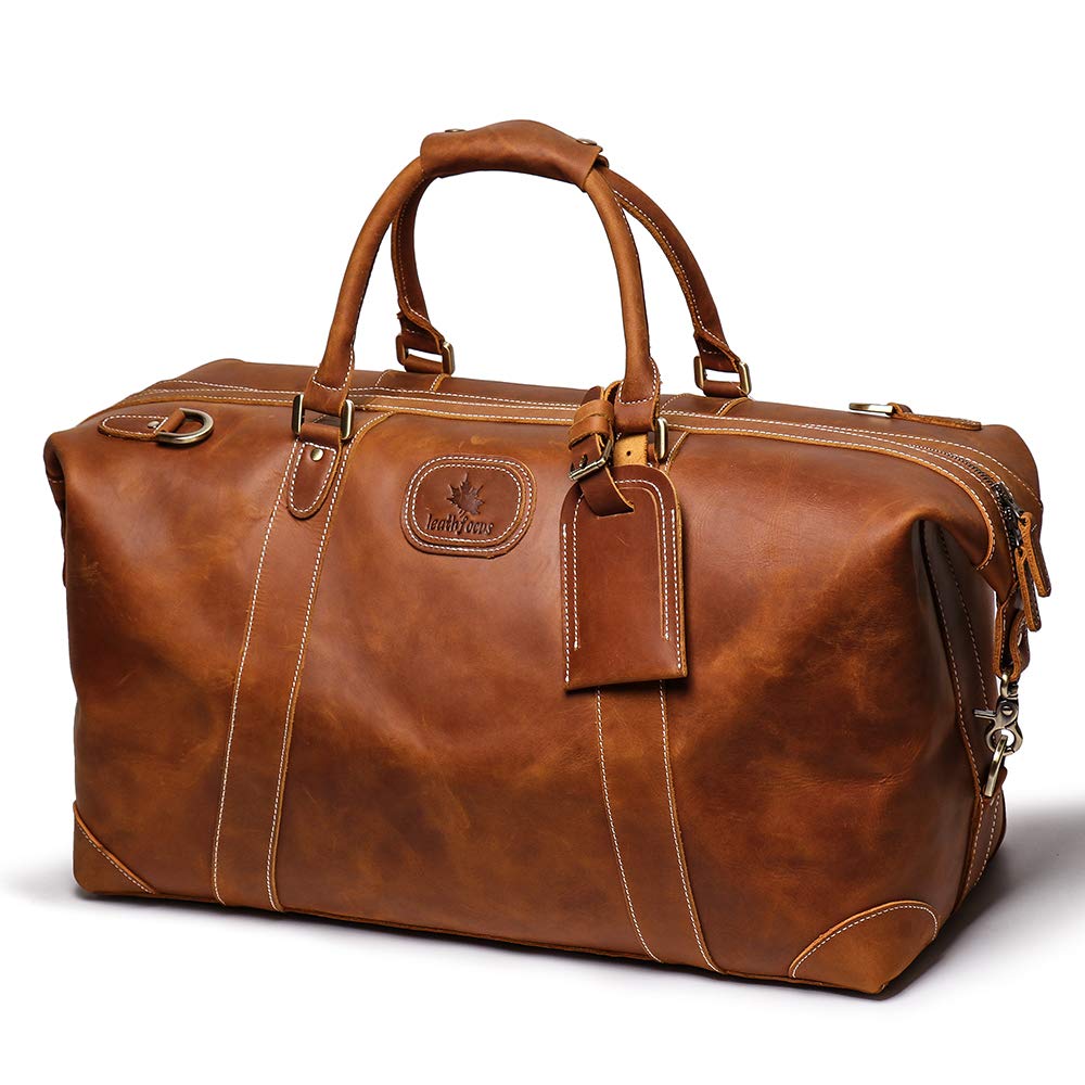 Vintage Full Grain Cow Leather Weekender Bag for Men - Classic Travel Duffel with Premium YKK Zipper - Brown Leather Sport Luggage - Perfect for Gym, Business Trips & Weekend Getaways