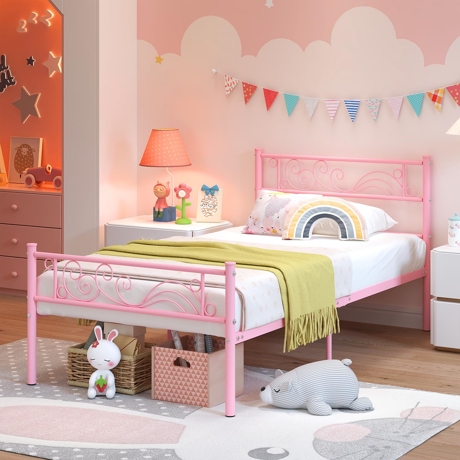 Weehom Twin Bed Frame with Metal Platform & Heavy Duty Steel Slats - Under Bed Storage Solution for Kids Room (Pink) | Space-Saving Bedroom Furniture for Small Spaces & Dorm Rooms