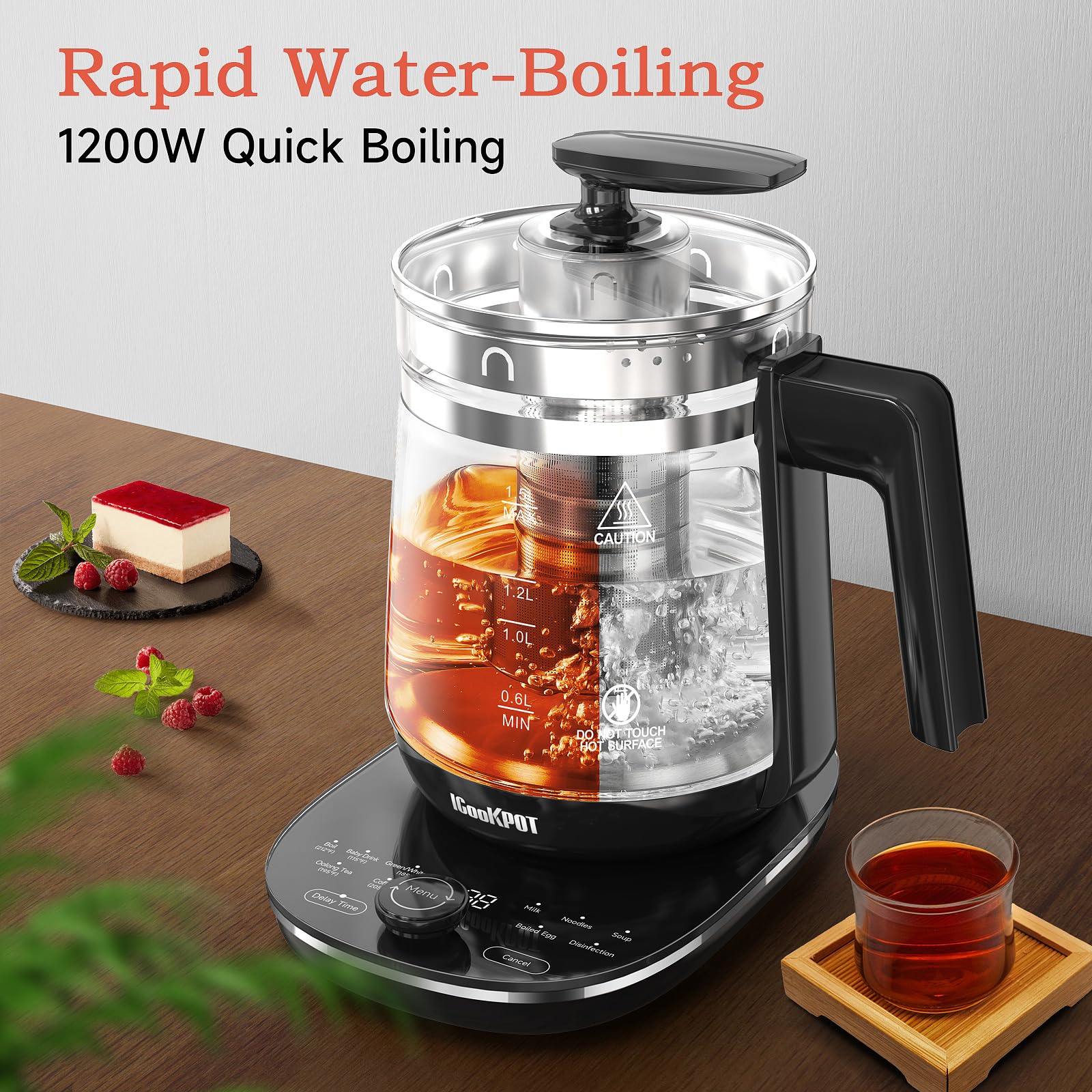 Electric Glass Tea Kettle with Removable Tea Infuser - 1.5L Stainless Steel, 1200W Fast Boiling & Precise Temperature Control - Perfect for Brewing Tea, Coffee, and Herbal Infusions at Home or Office