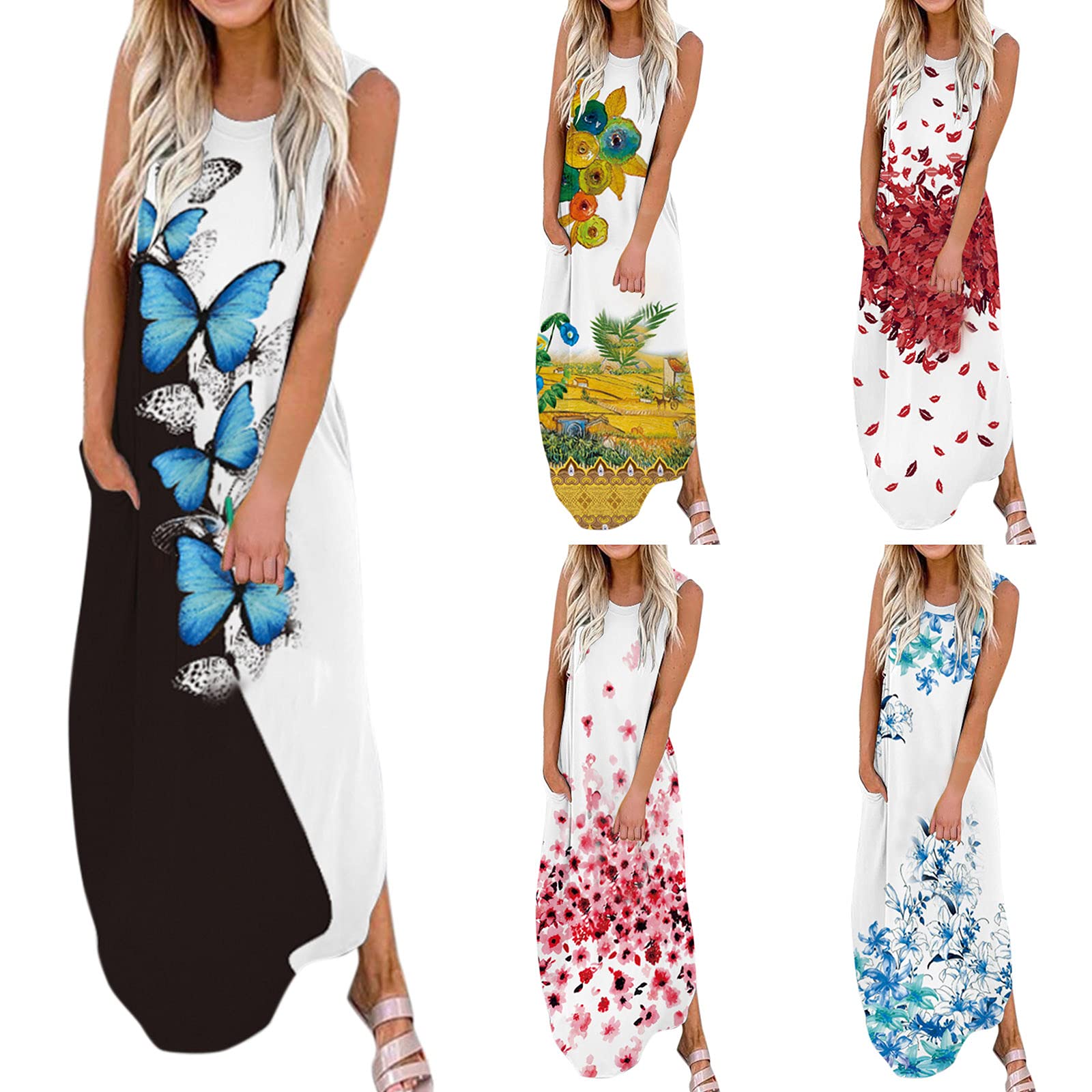 HUIYEA Women's Summer Casual Sleeveless Floral Print Maxi Dress - Beach Cover Up, Vacation Outfit, Boho Chic Sundress - Blue, Small