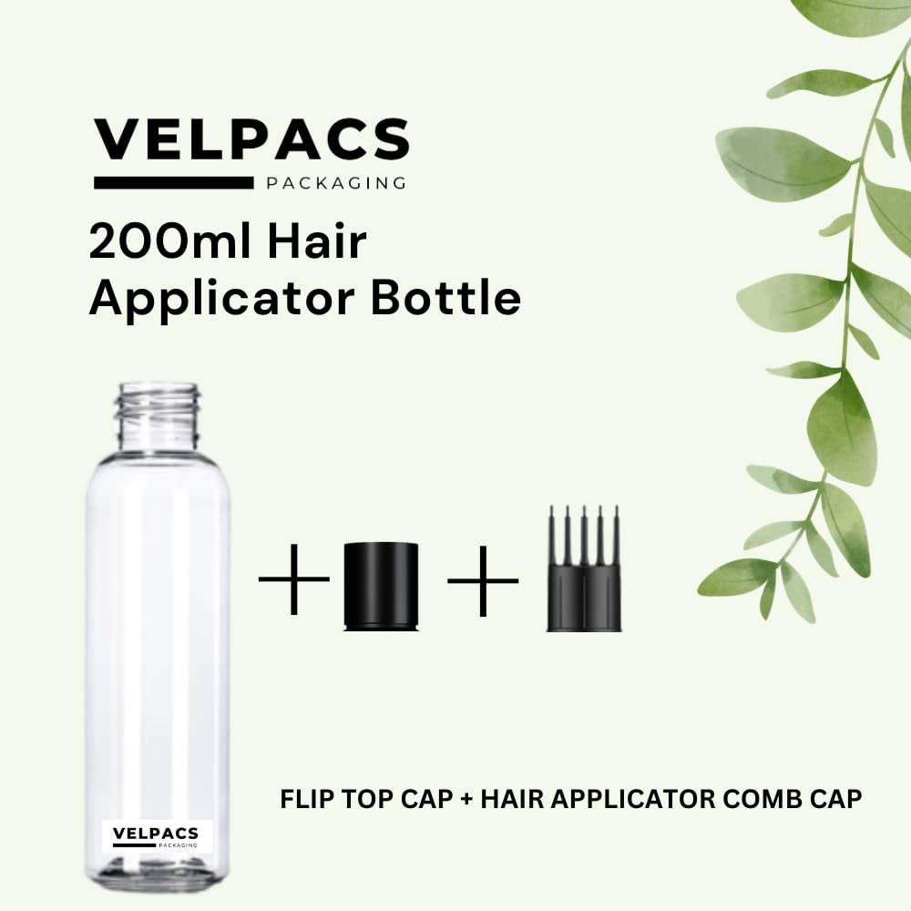 VELPACS 200ml Empty Plastic Bottle for Hair Oil, Rosemary Tea, Hair Color & Shampoo | Travel-Friendly Hair Root Applicator with Comb Head | Perfect for DIY Hair Treatments & On-the-Go Use (Pack of 3)