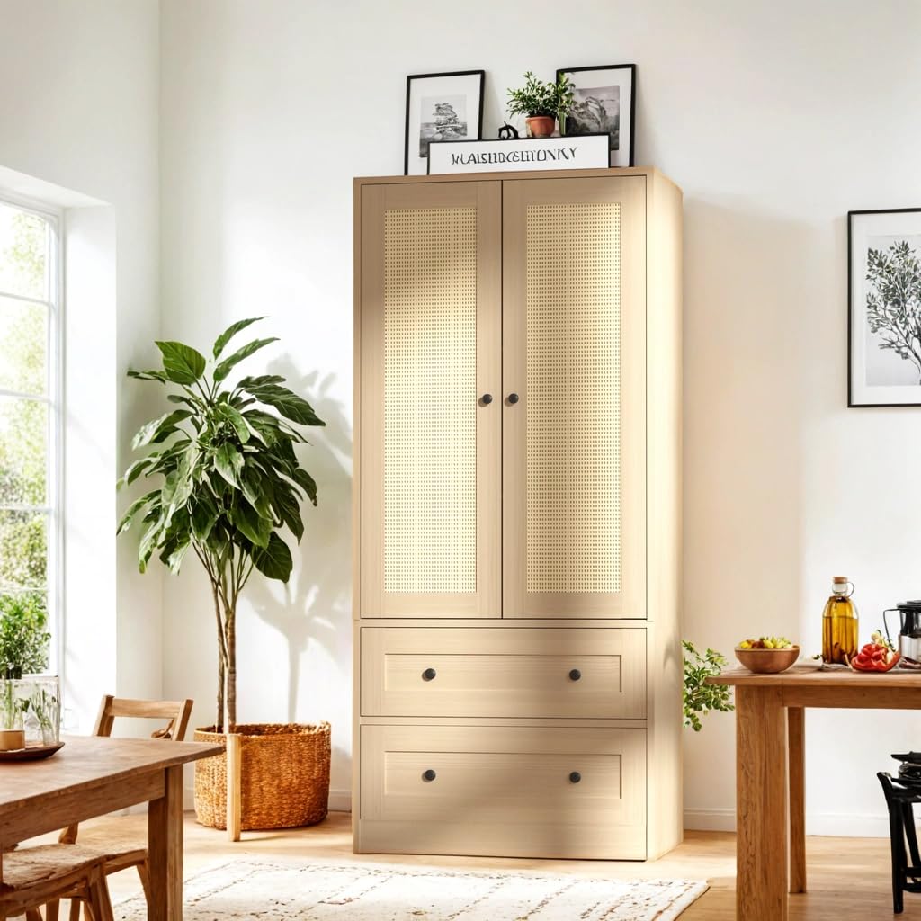 Rattan Oak Kitchen Pantry Cabinet with Doors & Drawers - 64.2
