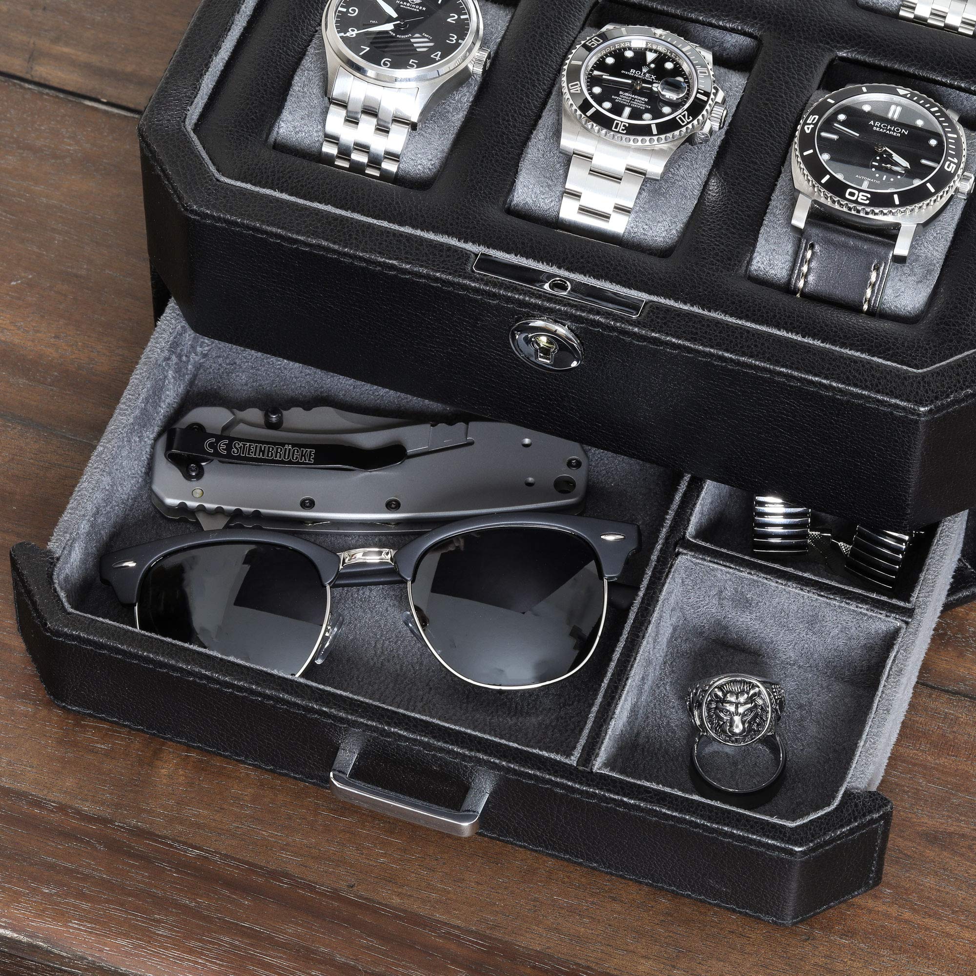 Premium ROTHWELL 6-Slot Leather Watch Box with Valet Drawer - Luxury Watch Case Organizer with Microsuede Lining & Locking Mechanism - Men's Jewelry Storage Box with Large Glass Top (Black/Grey) - Perfect for Watch Collectors, Travel & Home Display