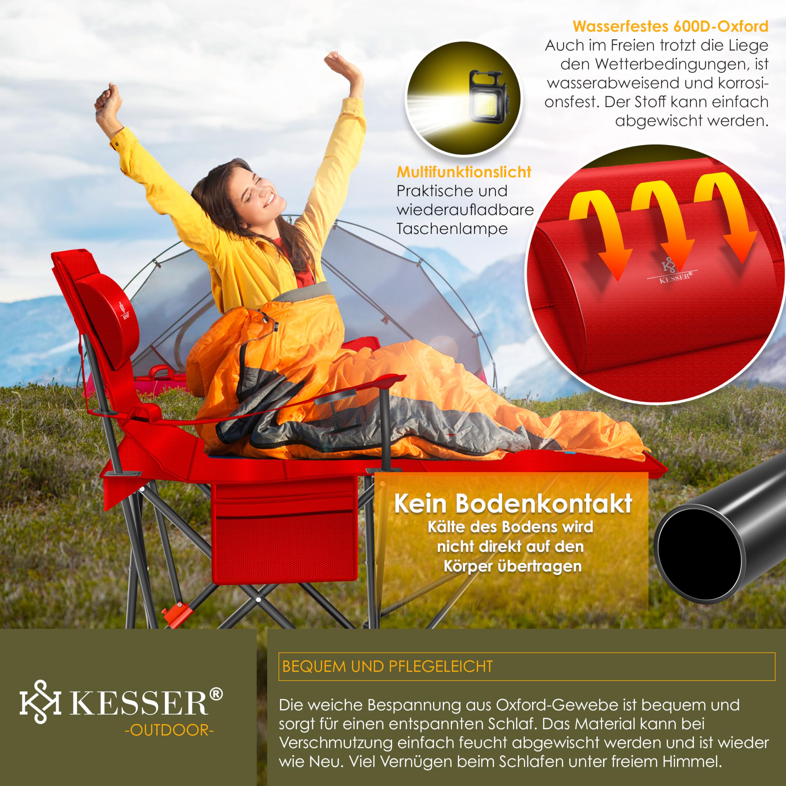 KESSER® 2-in-1 Folding Camping Chair & Bed - Heavy Duty 350lbs Capacity, Extra Wide Portable Lounger with Adjustable Backrest, Drink Holder & Storage Bag | Perfect for Camping, Beach, Fishing, Backyard Relaxing & Outdoor Adventures