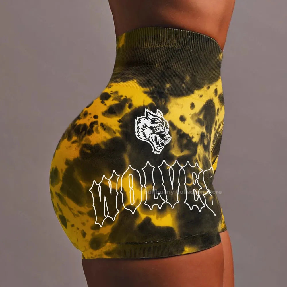 She Darc Wolf Tie Dye Scrunch Shorts for Women - Seamless Yoga Shorts, Breathable Workout Shorts with High Waist for Running, Gym & Summer Activities