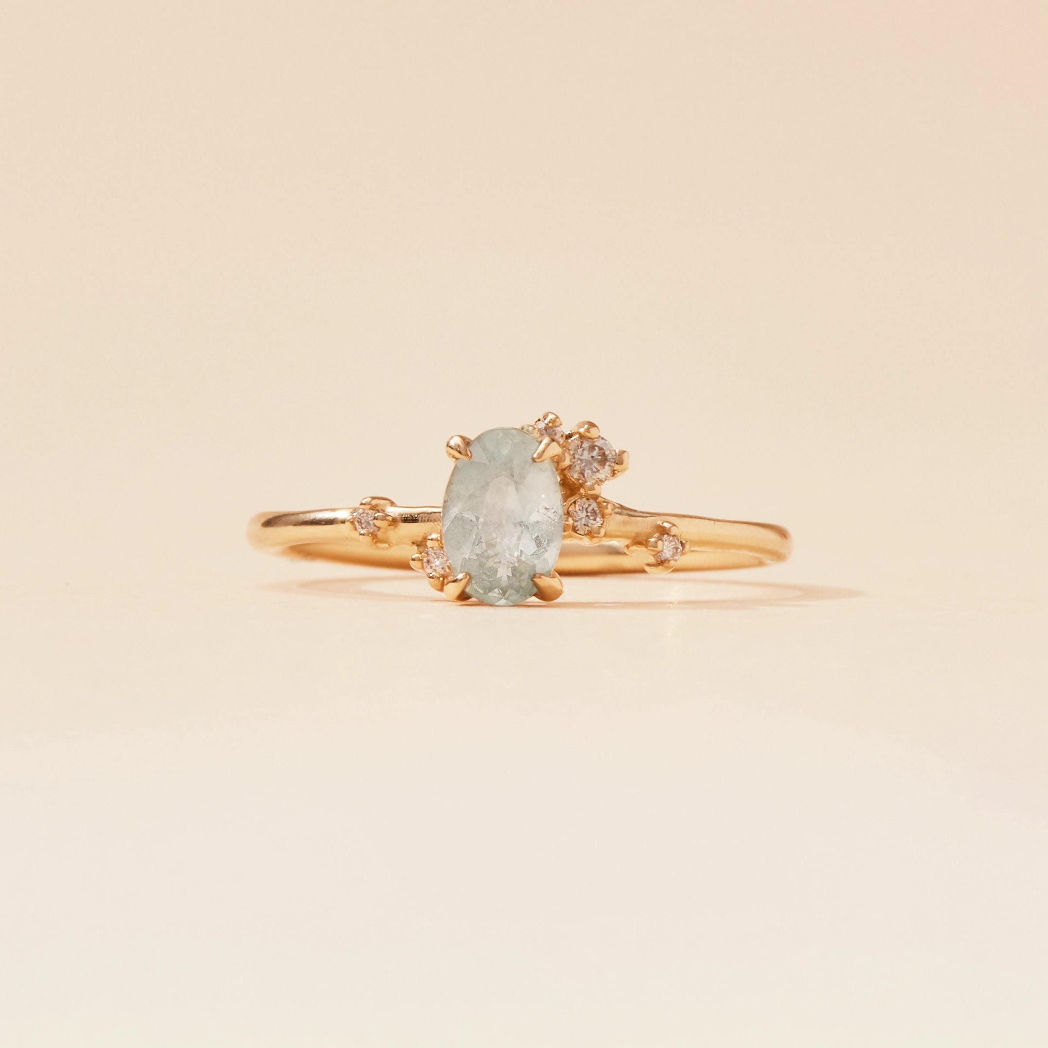 Unique 14K Yellow Gold Magical Kinship Ring with Pale Seafoam Oval Cut Sapphire – Perfect for Engagements, Anniversaries & Special Occasions