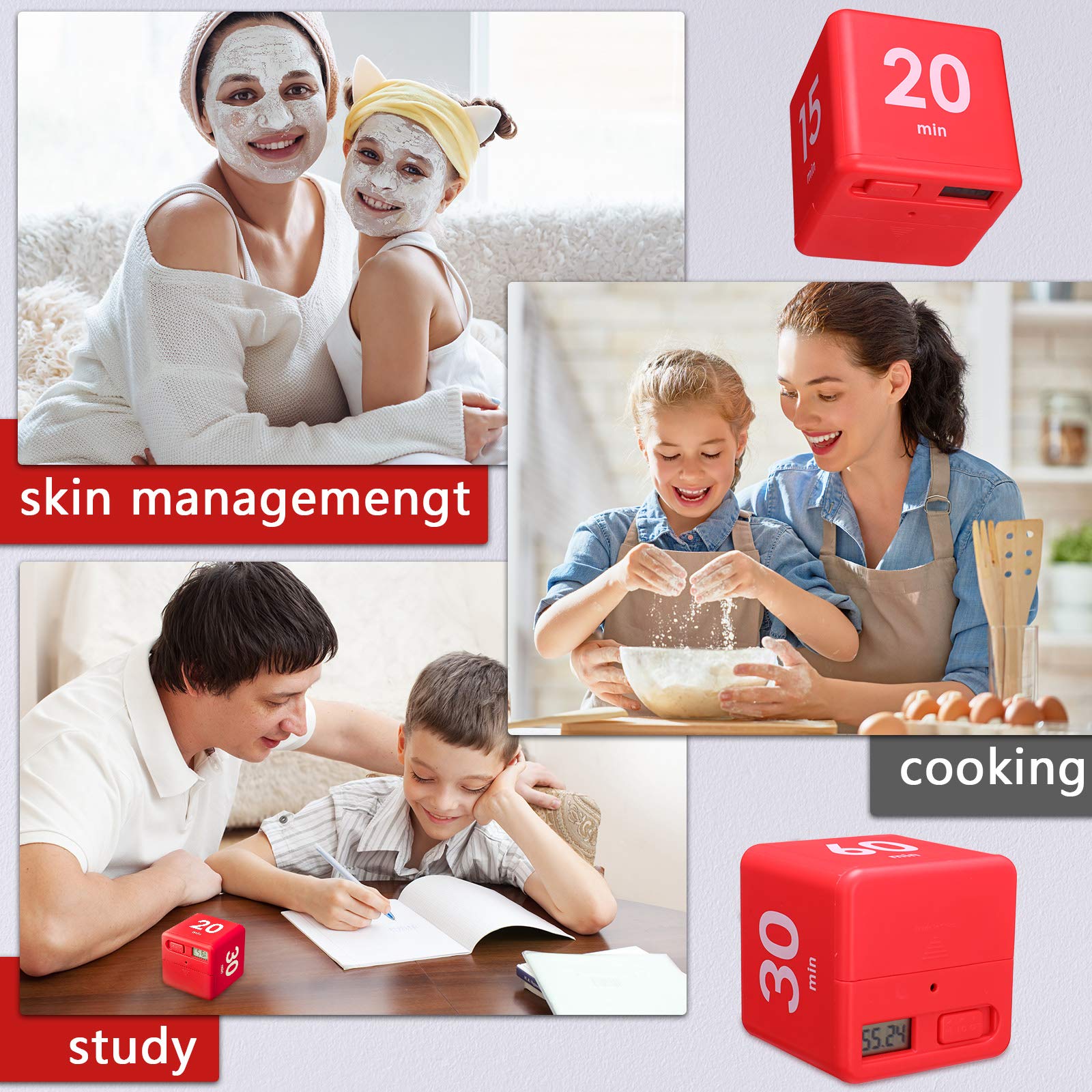 2-Pack Gravity Sensor Cube Timers - 1/3/5/10/15/20/30/60 Minutes Countdown Timer for Kids, Workouts, Games & Time Management (White & Red) - Perfect for Classroom, Gym, Sports & Family Fun