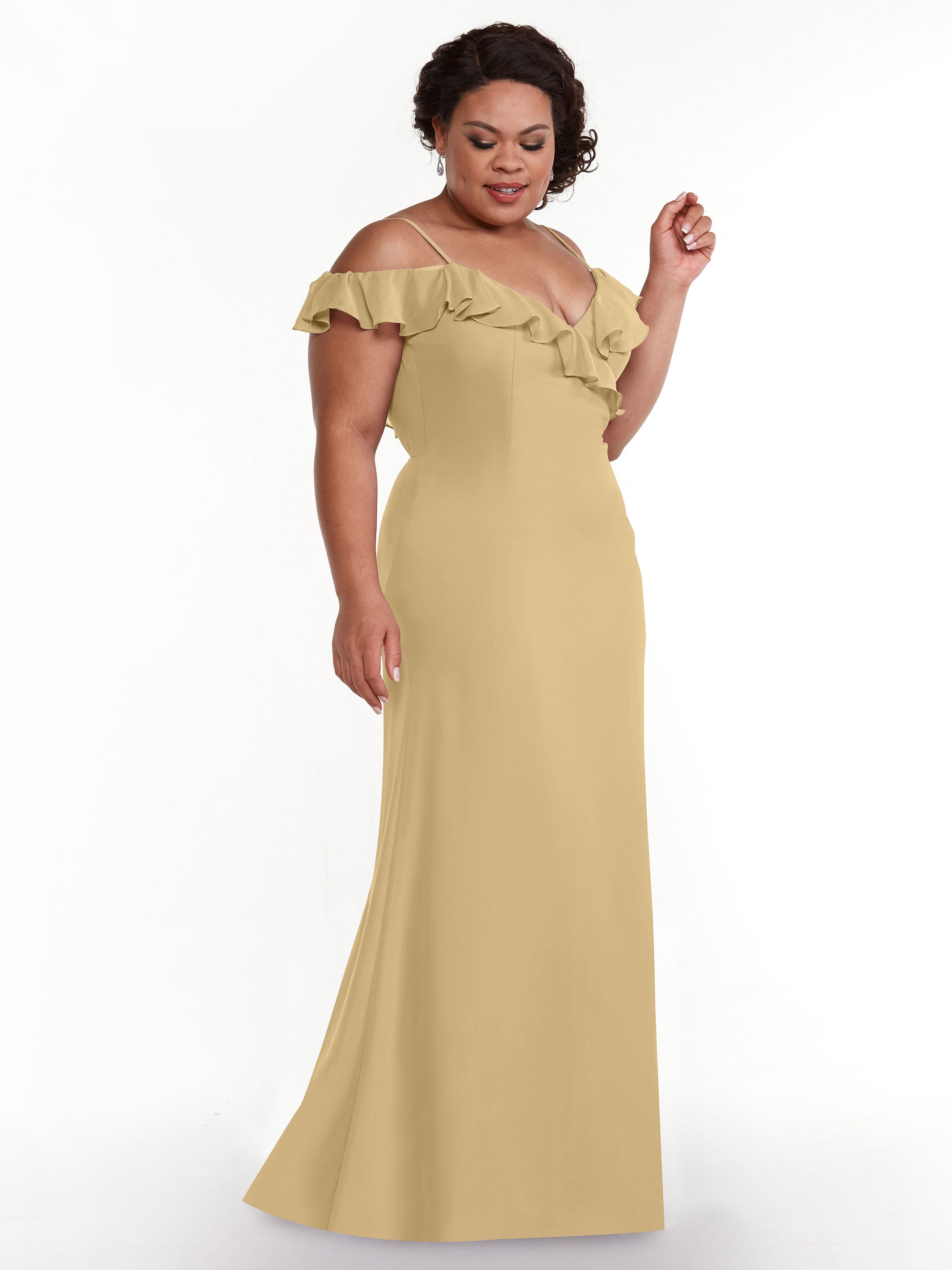 Elegant 80172 Chiffon Off-The-Shoulder A-Line Bridesmaid Dress with Ruffled Neckline - Perfect for Weddings, Formal Events & Evening Parties