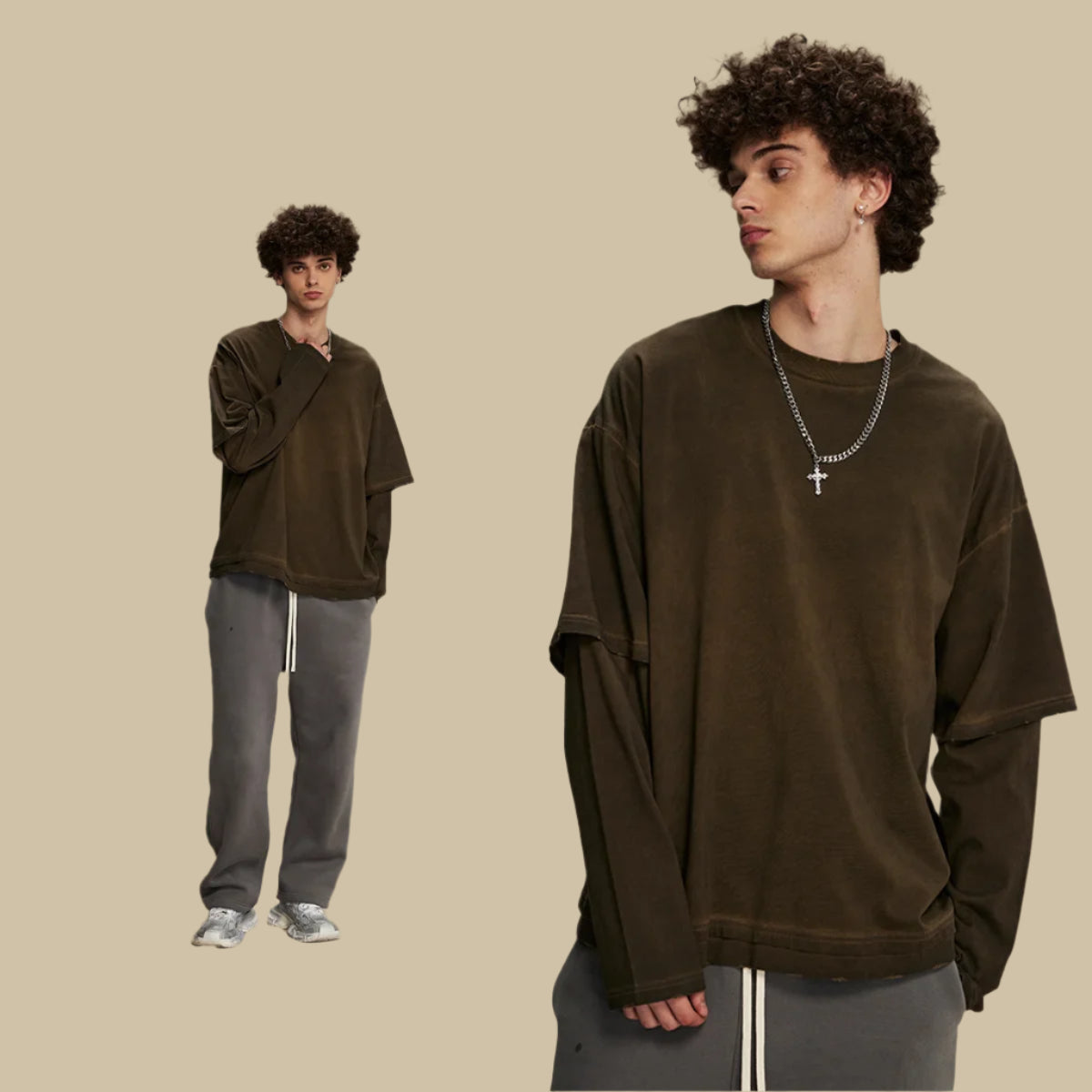 American Style Men's Long Sleeve T-Shirt - Round Neck Washable Faux Two-Piece Design Solid Color Loose Fit Casual Tee for Everyday Wear, Street Style & Layering