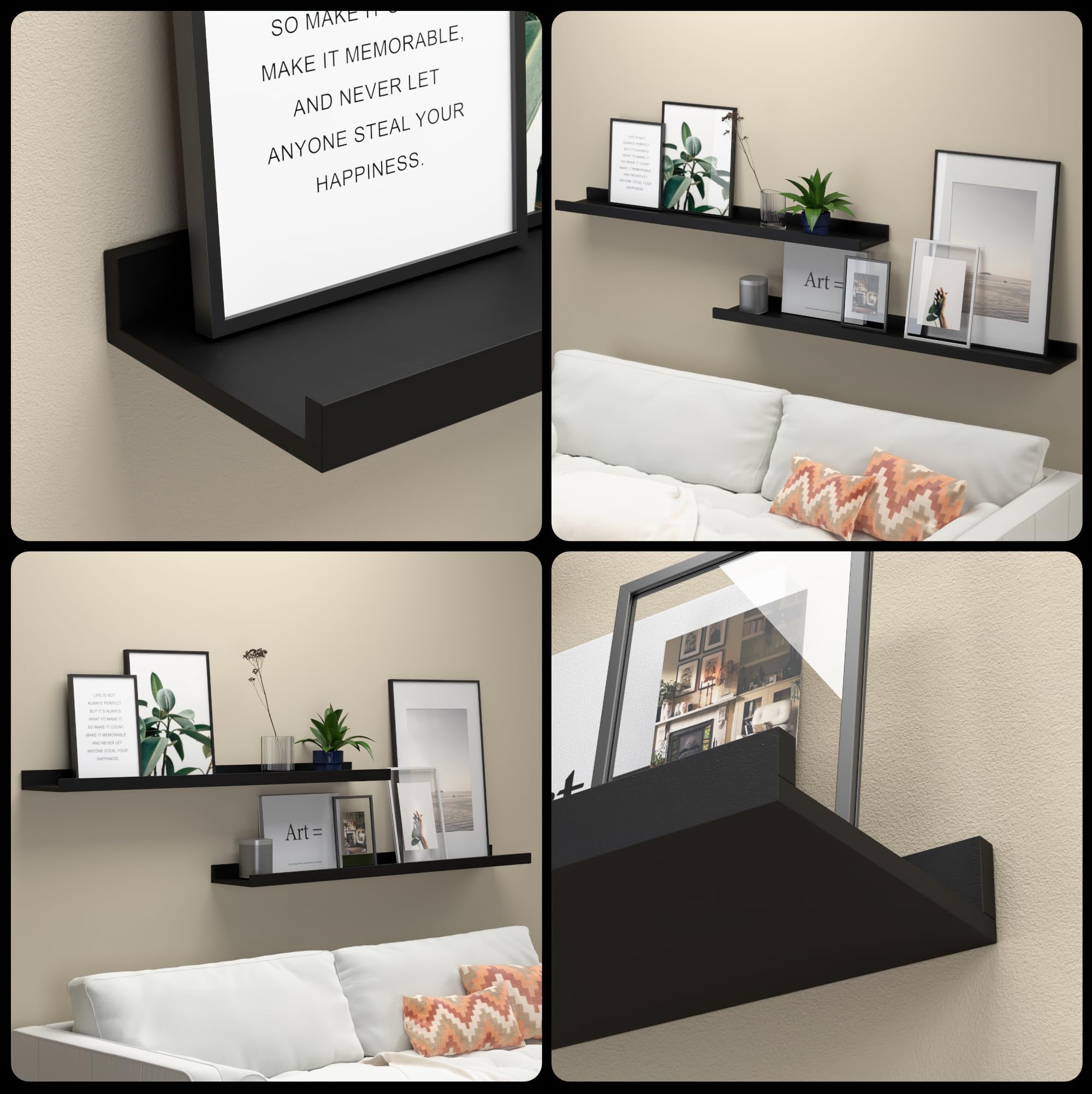 35.4 Inch Floating Shelves Set of 2 - Modern Black Wall Mounted Shelves with Lip for Bedroom, Living Room, Bathroom & Kitchen Decor - Perfect for Books, Photos, Plants & Home Organization (Black)