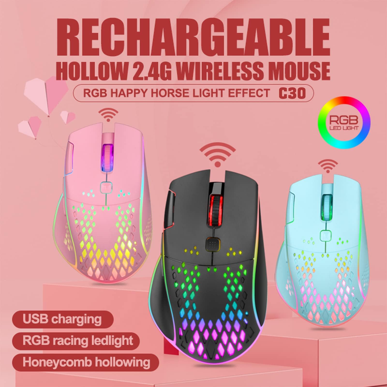 VEGCOO C30 Wireless Rechargeable Gaming Mouse - Silent Click, RGB LED Lights, 3 Adjustable DPI Levels, 400mAh Battery - Perfect for PC Gaming, Office Work & Home Use