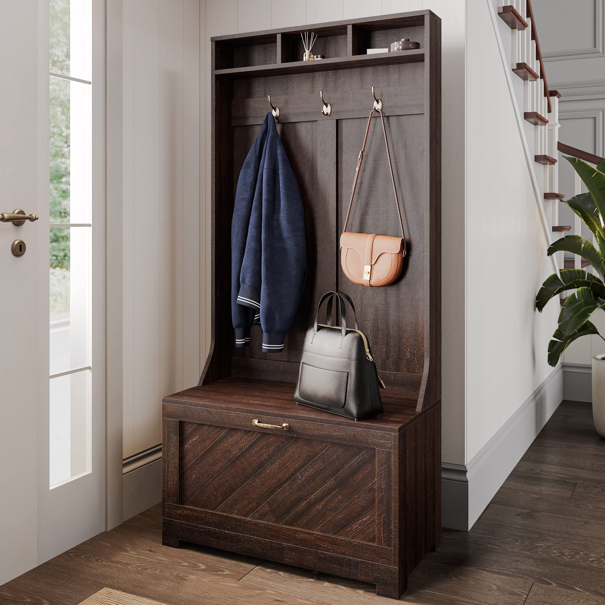 BELLEZE 3-in-1 Entryway Hall Tree with Coat Rack, Storage Bench & Shoe Organizer - Freestanding Entry Storage Furniture for Small Spaces - Hilo Espresso Finish - Perfect for Mudroom, Foyer or Apartment Entryway Organization