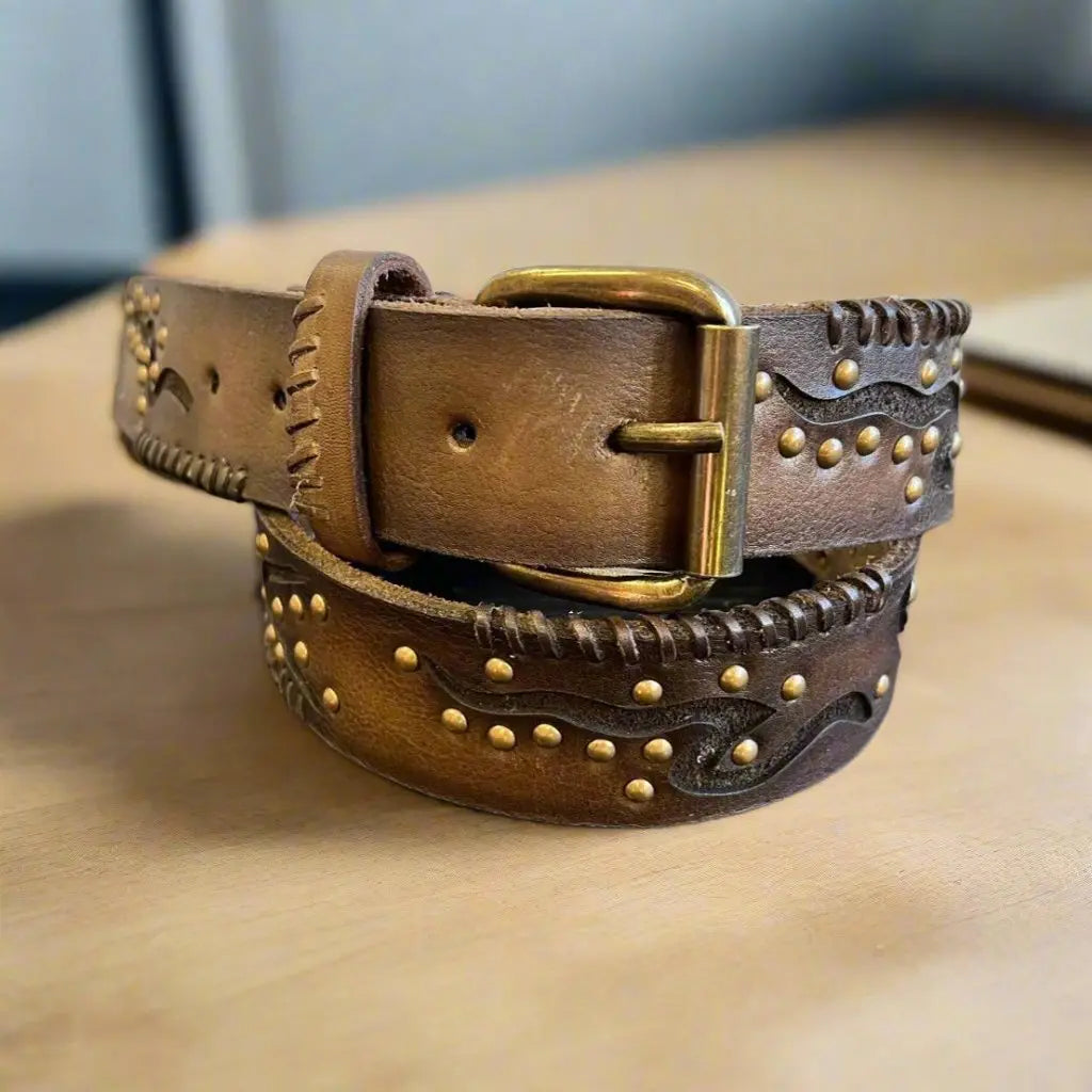 Premium Women's Full Grain Leather Belt with Geometric Embossing & Studs - Fashionable Accessory for Jeans, Dresses & Office Wear