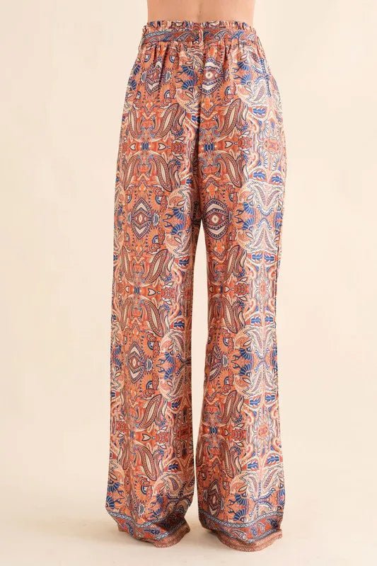 Women's Satin Paisley Print High-Waist Ribbon Pants - Elegant Lounge Pants for Home, Office & Special Occasions