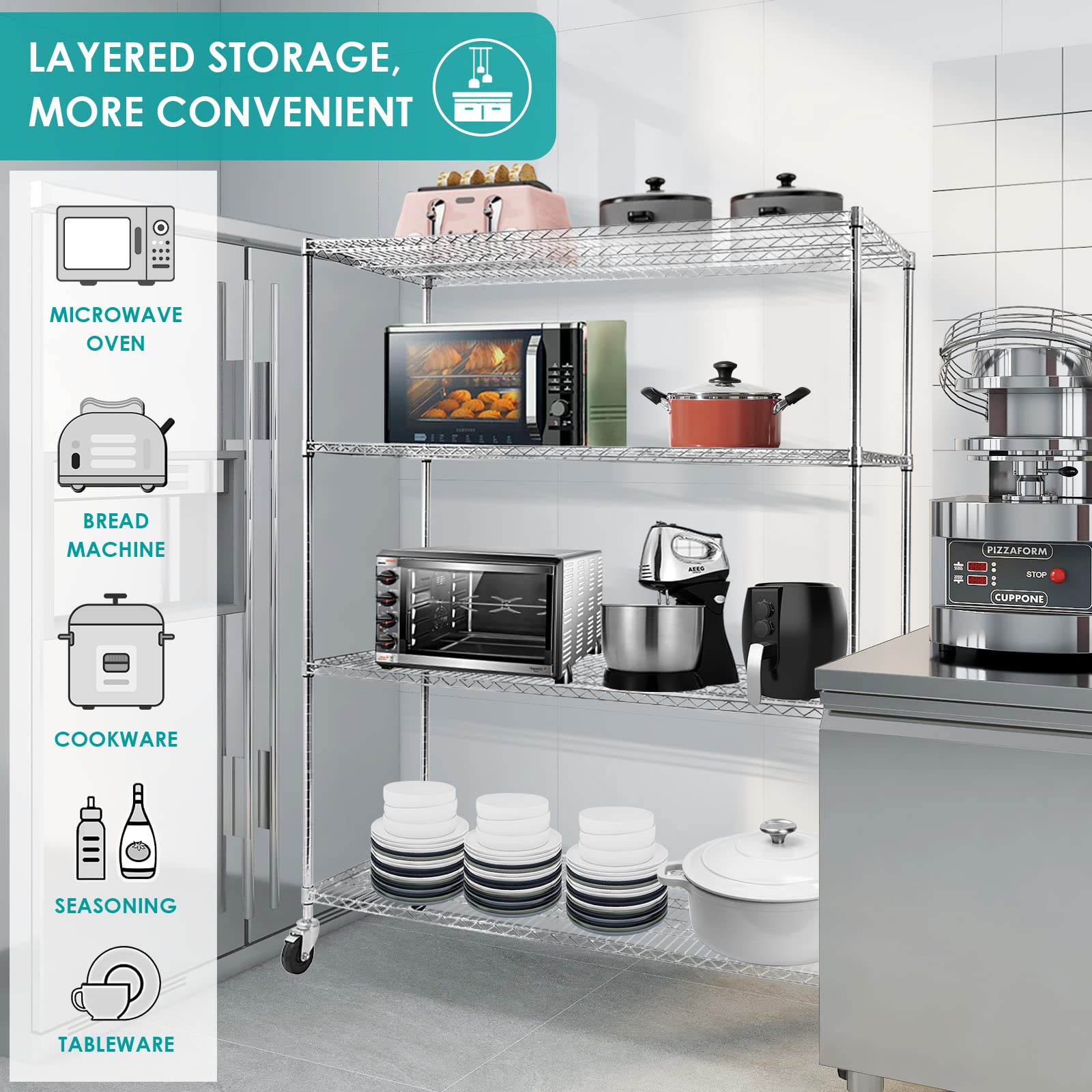 Heavy Duty 4-Tier Metal Wire Shelving with Wheels - NSF Commercial Grade Chrome Storage Rack (59
