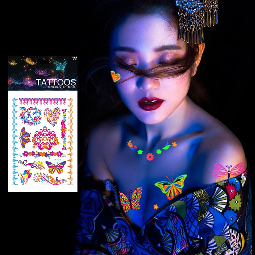 Glow in the Dark UV Neon Temporary Tattoos - Waterproof Fake Body Art Stickers for Women, Men & Kids (Heart, Flowers, Butterflies, Armband Designs) 21x15cm - Perfect for Parties, Festivals & Body Art Photography